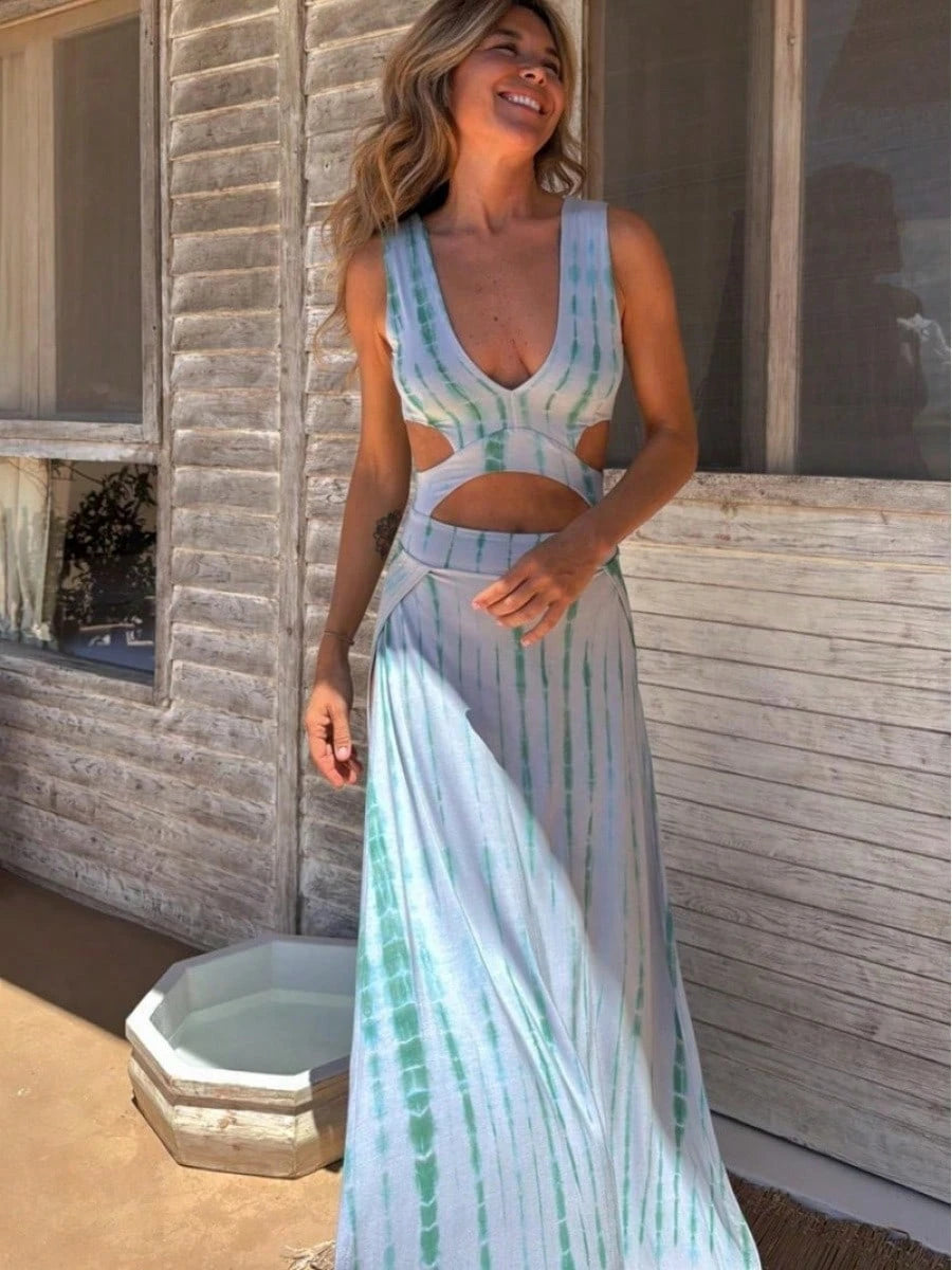 KZKZWK Tie-Dye Cutout Maxi Dress, Sleeveless V-Neck With Side Slit,