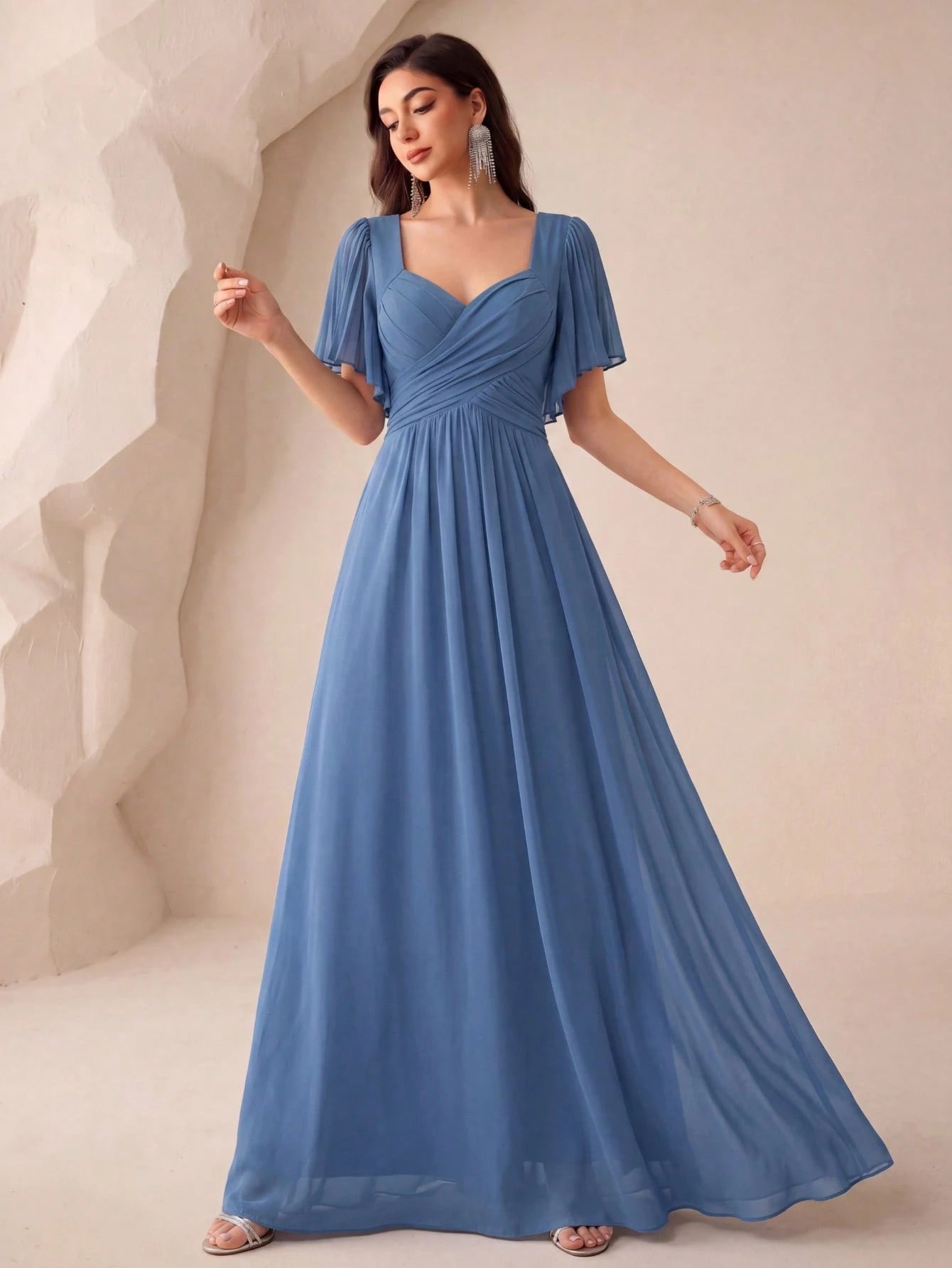 Lotus Sleeve Backless Heart Neckline Solid Color Tulle Bridesmaid Dress Wedding