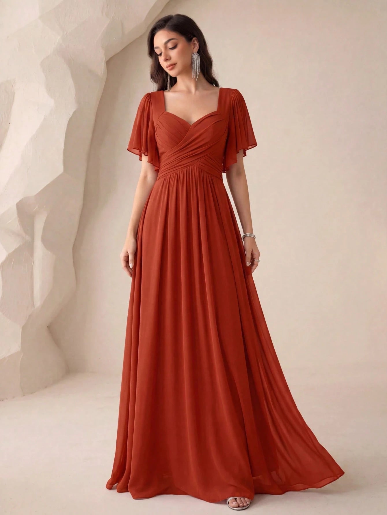 Flounce Sleeve Back Sweetheart Neck Solid Color Tulle Dress, Bridesmaid Dress Wedding - image 11