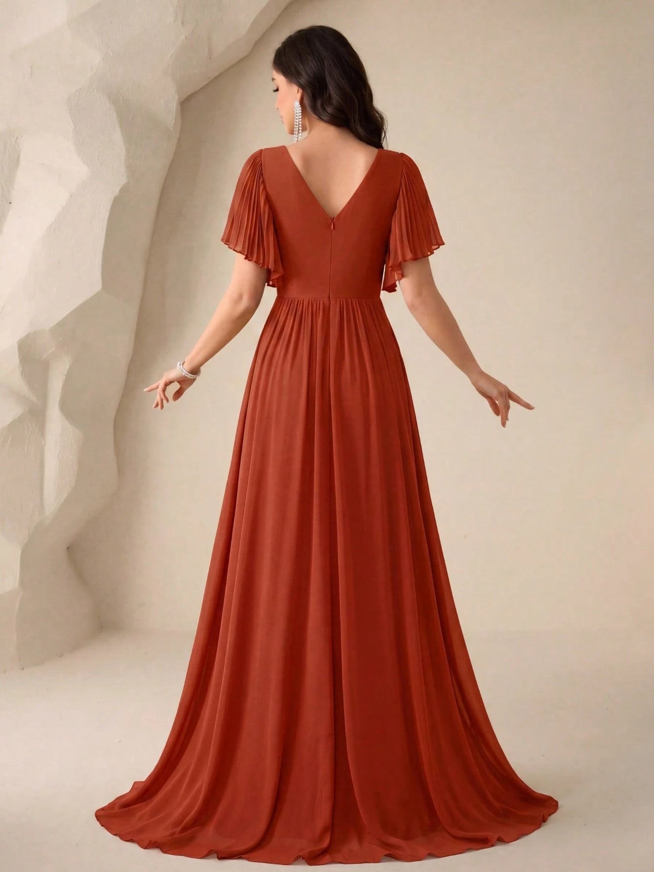 Lotus Sleeve Backless Heart Neckline Solid Color Tulle Bridesmaid Dress Wedding - image 10