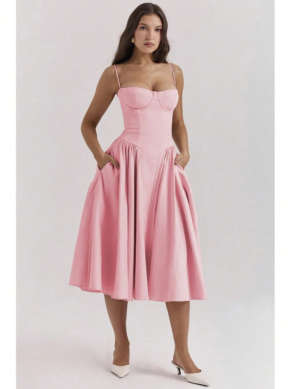 Women's Beige Corset Midi Dress, Spaghetti Strap Sweetheart Neck