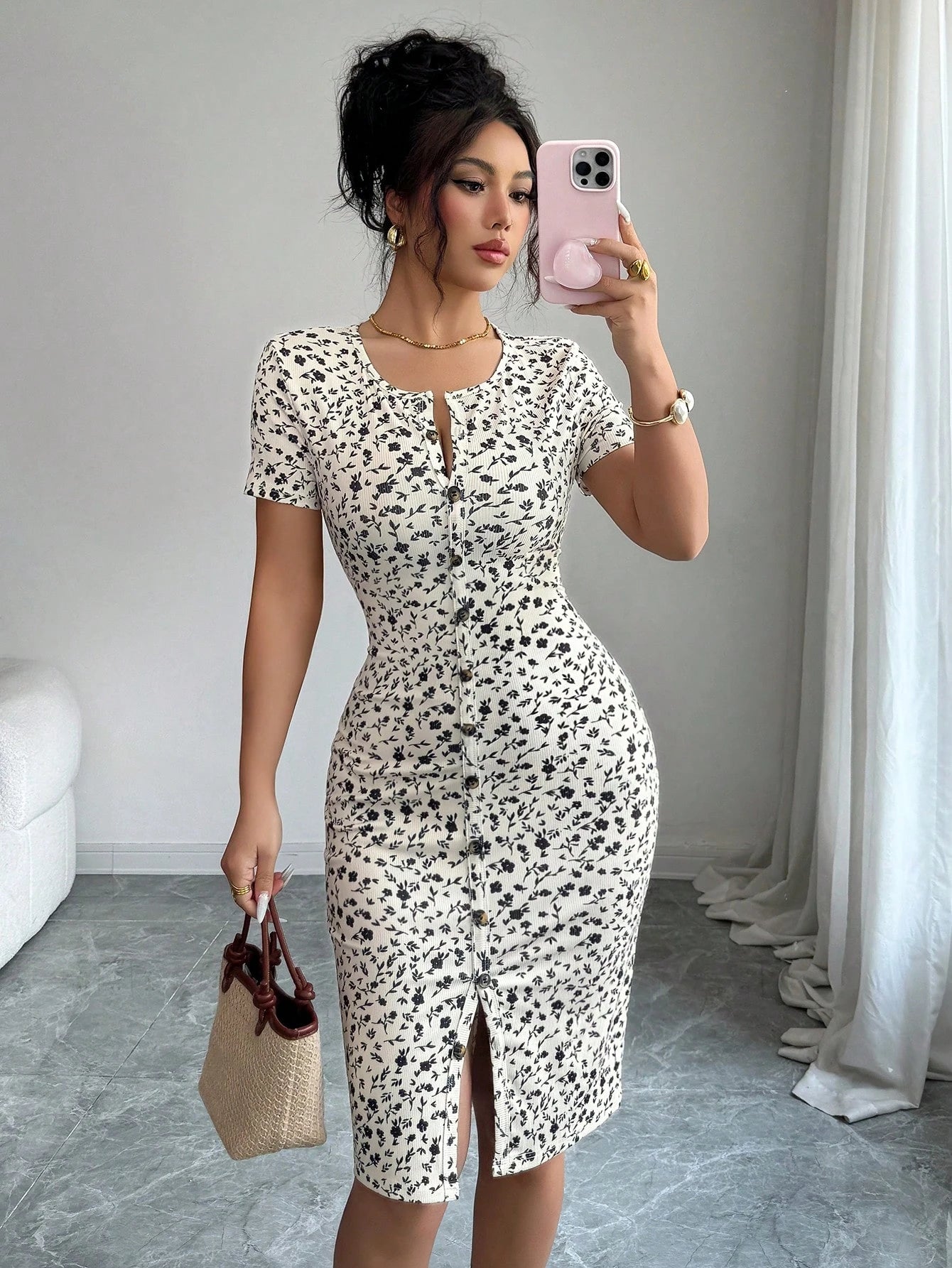 Elenzga Women's Spring/Summer Round Neck Knit Floral Short Dress, Decorated With Ditsy Floral Pattern, - image 3