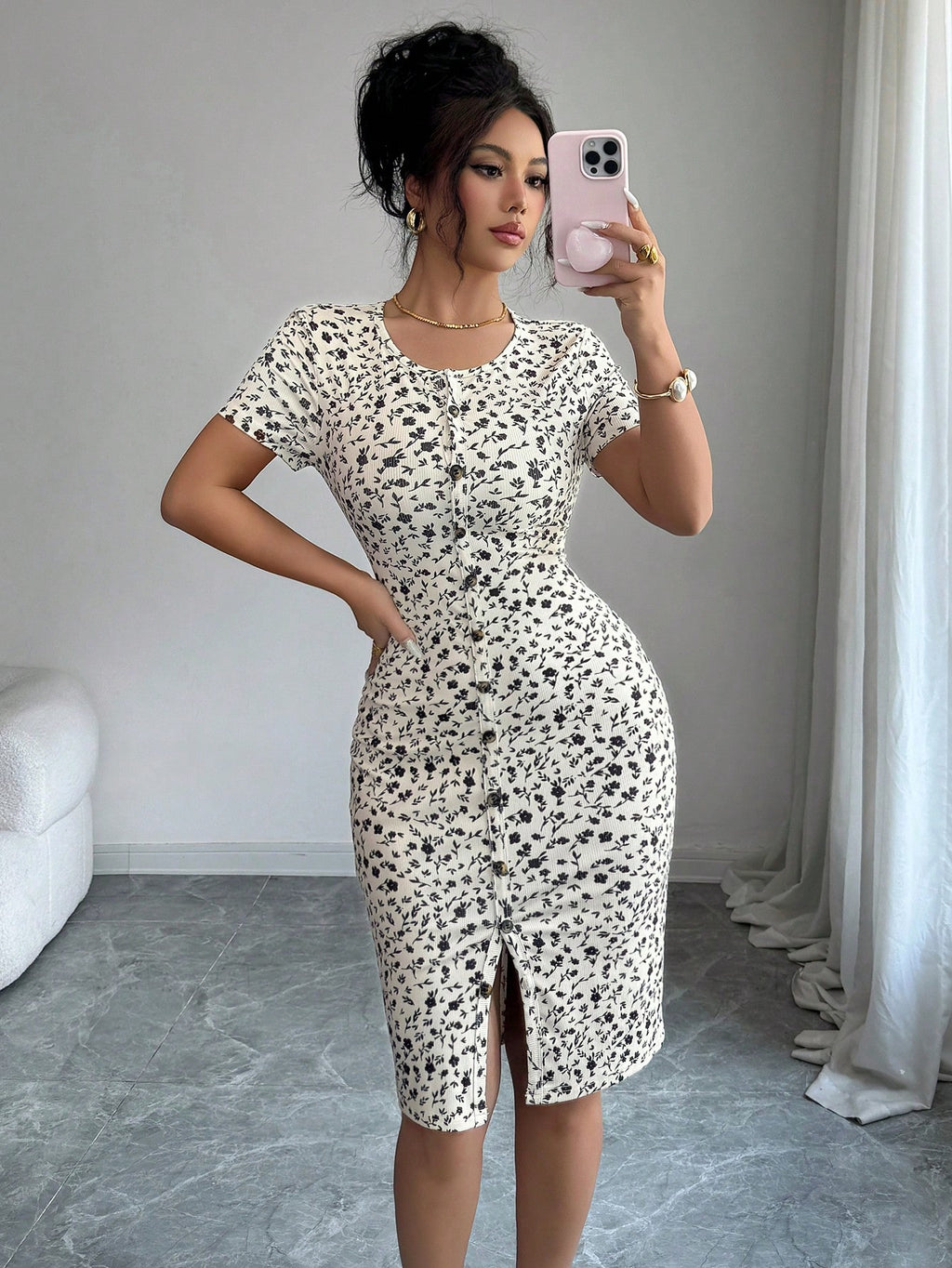 Elenzga Women's Spring/Summer Round Neck Knit Floral Short Dress, Decorated With Ditsy Floral Pattern, - image 4