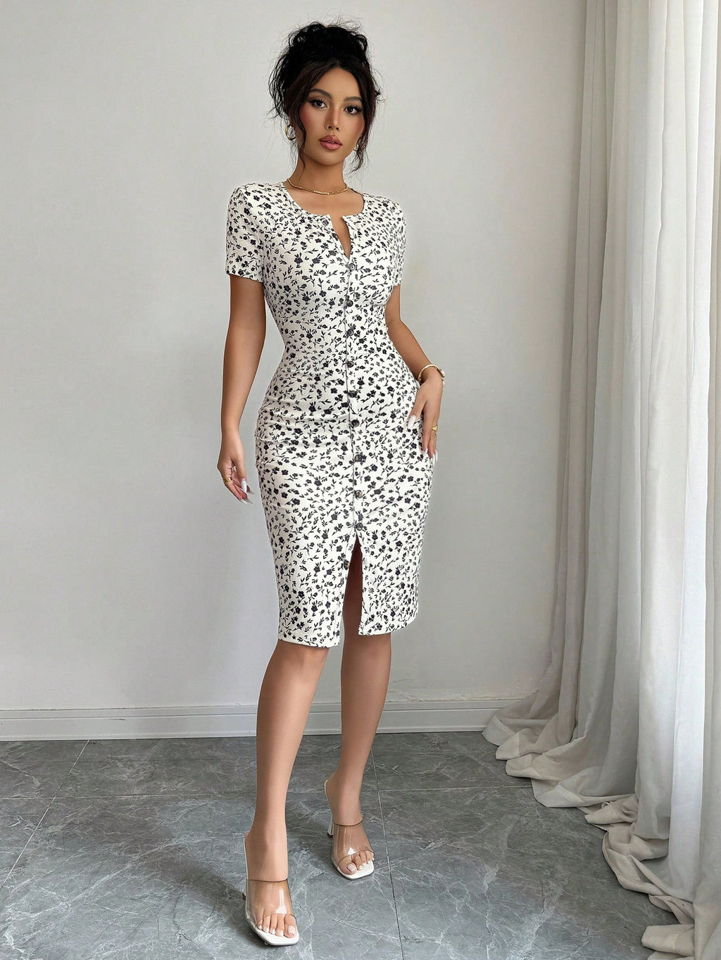 Elenzga Women's Spring/Summer Round Neck Knit Floral Short Dress, Decorated With Ditsy Floral Pattern, - image 6