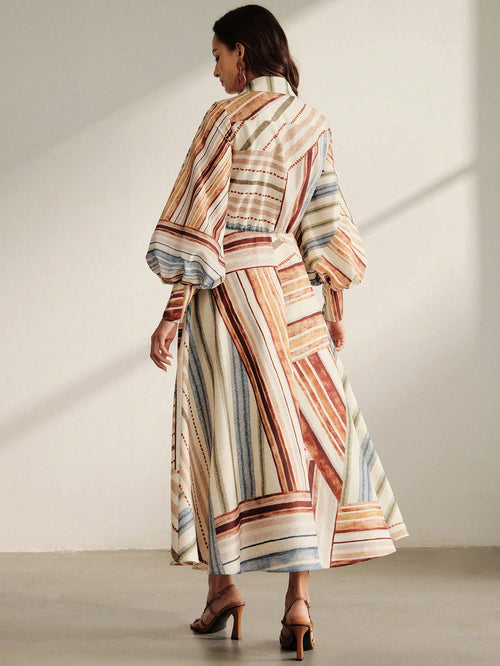 Anewsta Spring/Autumn Women's Vintage Vacation Style Multi-Color Contrast Striped Cinched Waist Tie-Up Linen - image 2