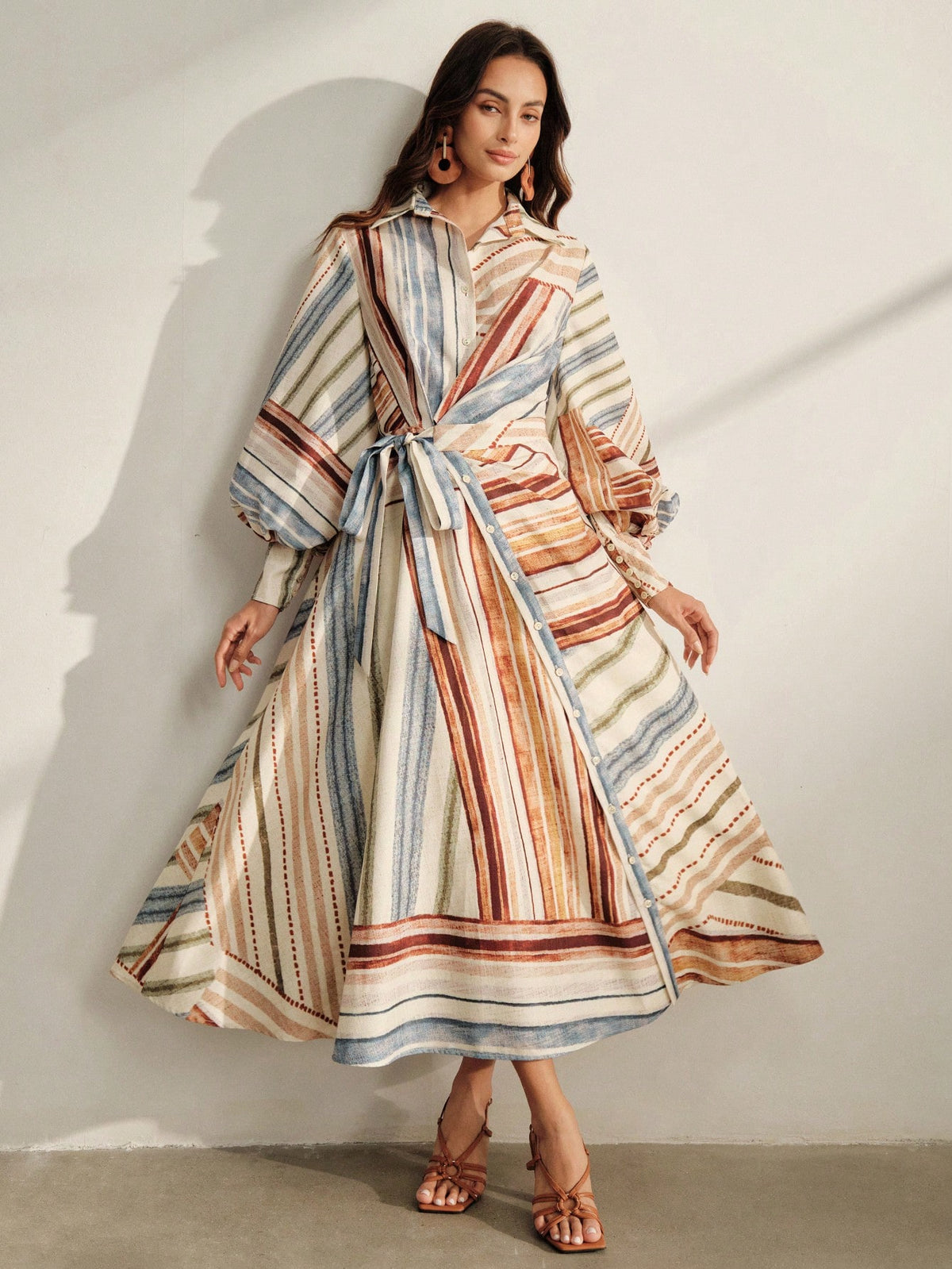 Anewsta Spring/Autumn Women's Vintage Vacation Style Multi-Color Contrast Striped Cinched Waist Tie-Up Linen - image 6