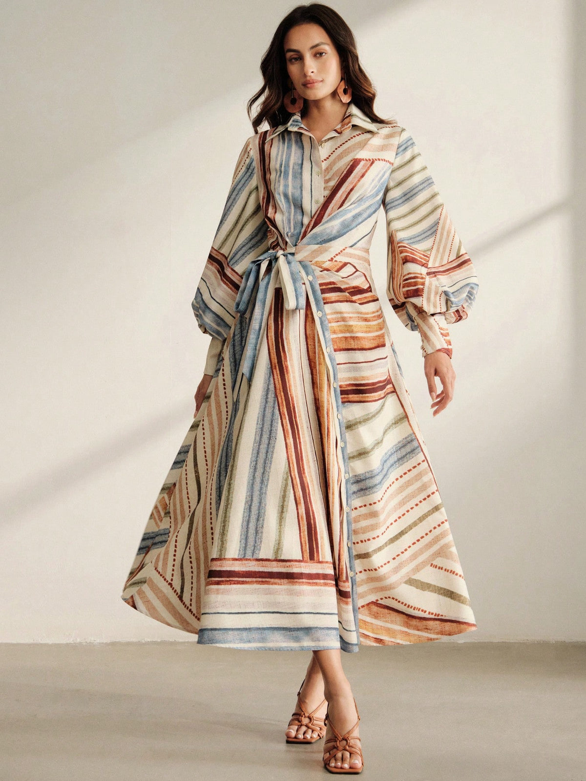 Anewsta Spring/Autumn Women's Vintage Vacation Style Multi-Color Contrast Striped Cinched Waist Tie-Up Linen - image 7