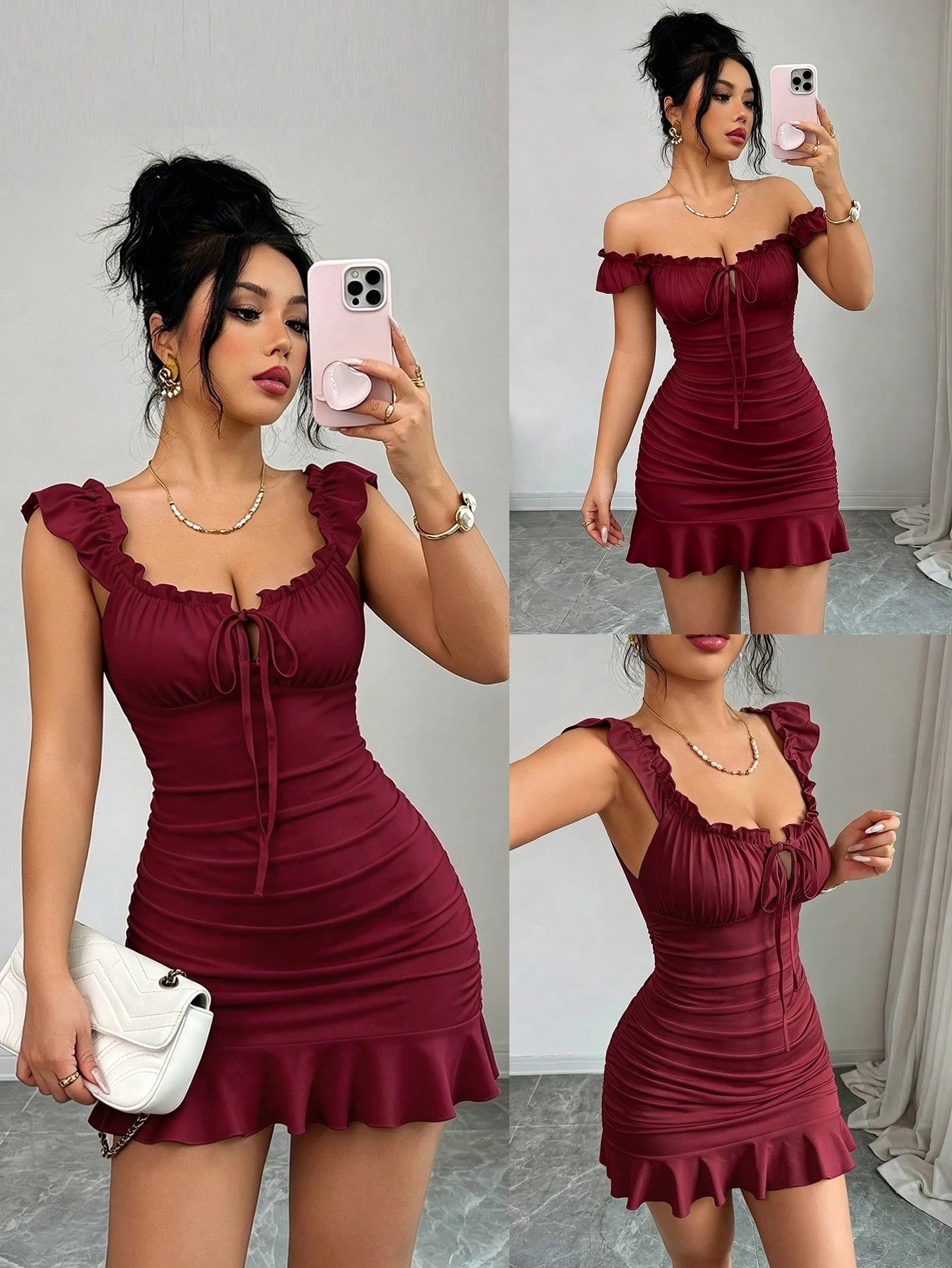 Elenzga Women's Elegant Ruched Tie Strap Flounce Hem Sexy Dress,