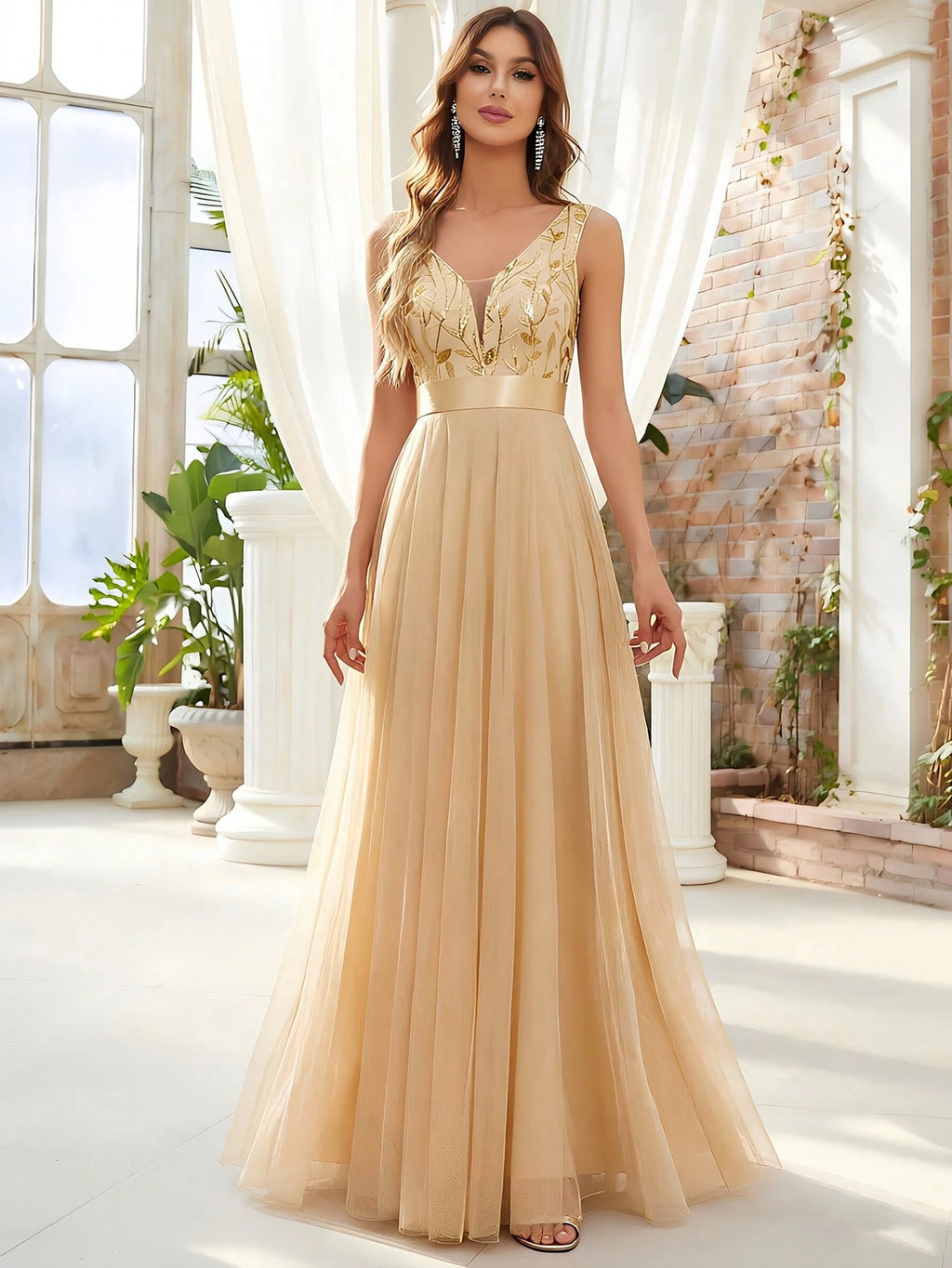 XUCTHHC Elegant Sequin Embroidery & Mesh V-Neck Sleeveless A-Line Bridesmaid Dress, Suitable For Prom, Party,