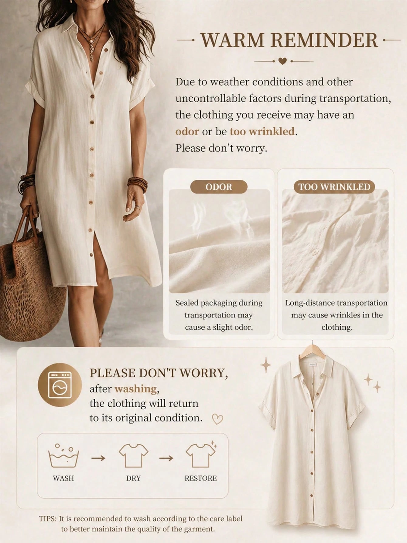 Women's Casual Ivory Woven Shirt Dress, Collared Short Sleeve Front