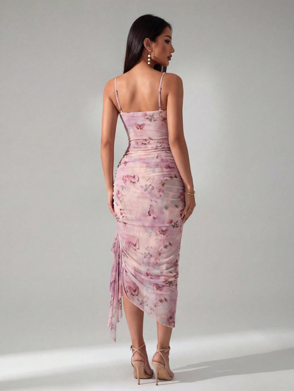 PETITE Women's Vintage Sexy Elegant Pink And Green And And Butterfly Print Ruched Ruffle Hem Dress, - image 19