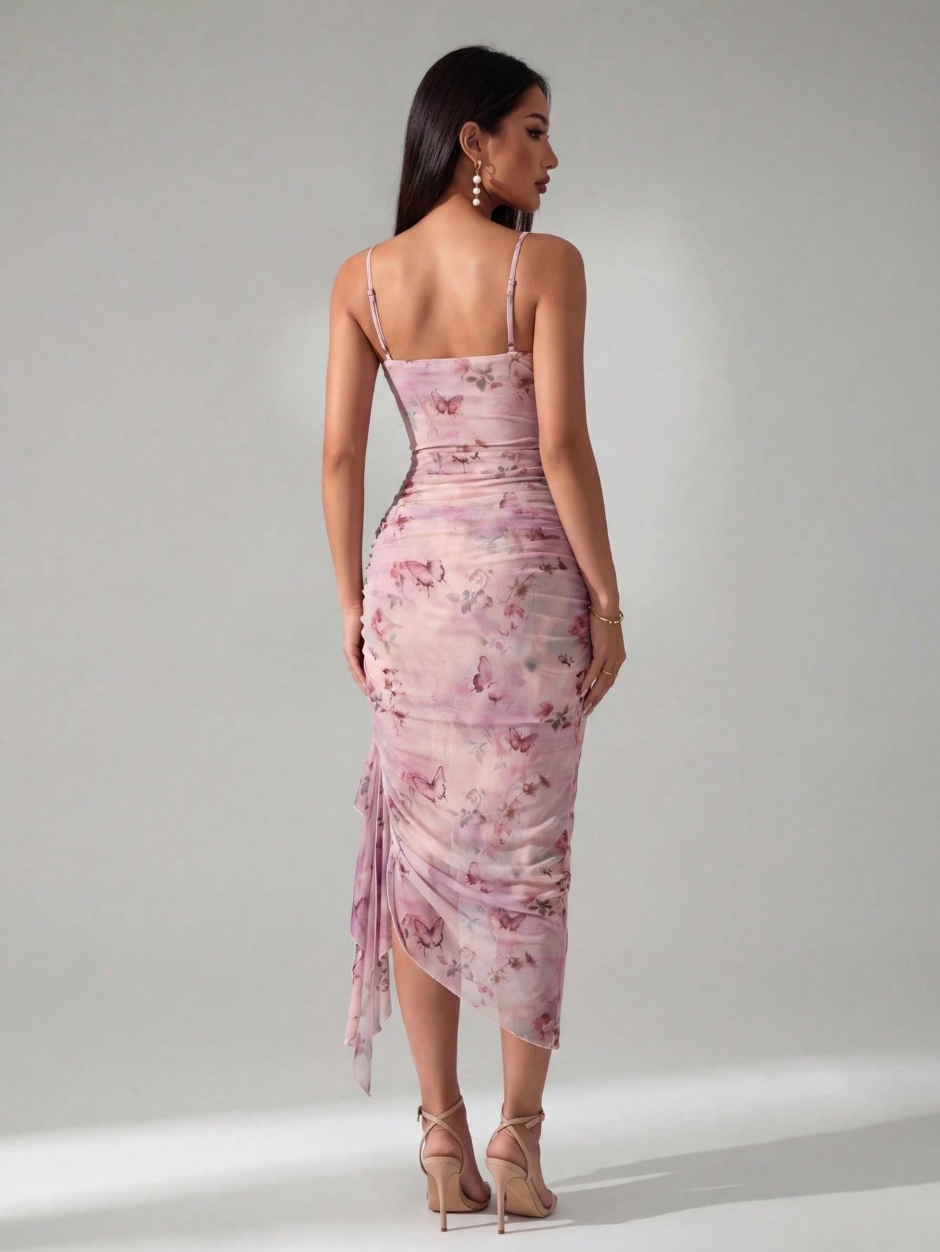 PETITE Women's Vintage Sexy Elegant Pink And Green And And Butterfly Print Ruched Ruffle Hem Dress, - image 19