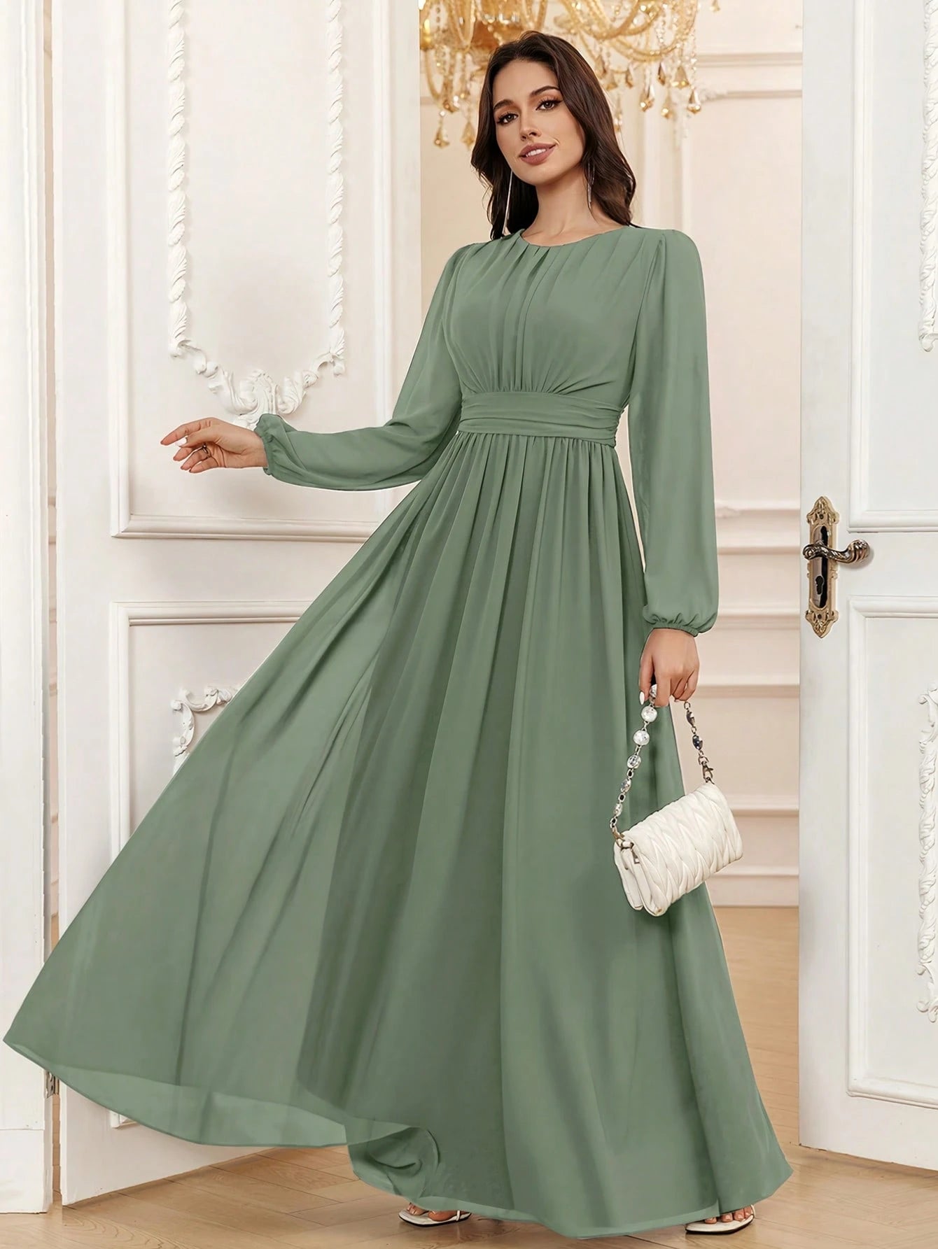 Volly Toych Elegant A-Line Round Neck Long Sleeve Floor-Length