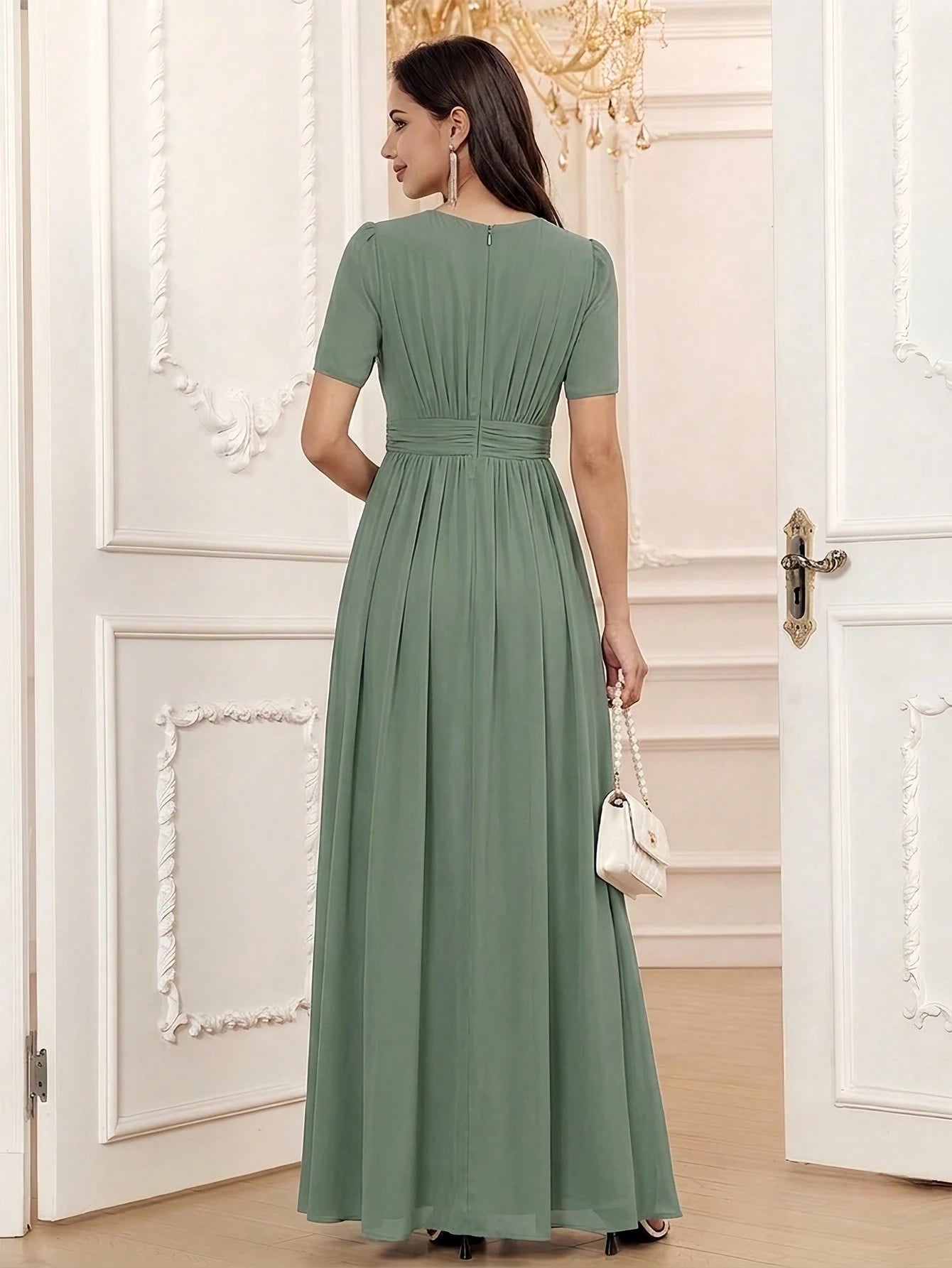 Volly Toych Elegant Chiffon Long Bridesmaid Dress, Short Regular Sleeves, Pleated Bust, Round Neck Design, - image 14