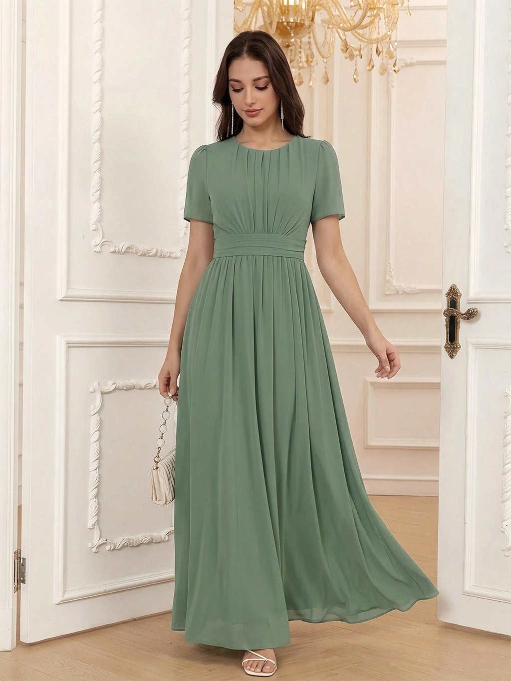 Volly Toych Elegant Chiffon Long Bridesmaid Dress, Short Regular Sleeves, Pleated Bust, Round Neck Design, - image 16