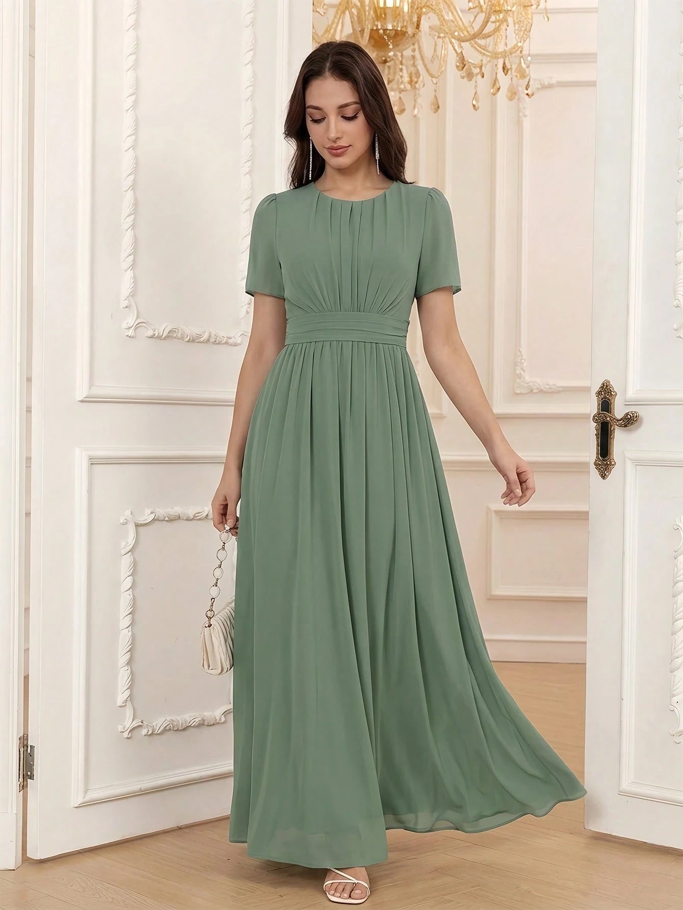 Volly Toych Elegant Chiffon Long Bridesmaid Dress, Short Regular Sleeves, Pleated Bust, Round Neck Design, - image 16