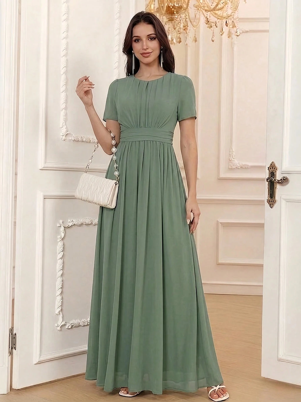 Volly Toych Elegant Chiffon Long Bridesmaid Dress, Short Regular Sleeves, Pleated Bust, Round Neck Design, - image 15