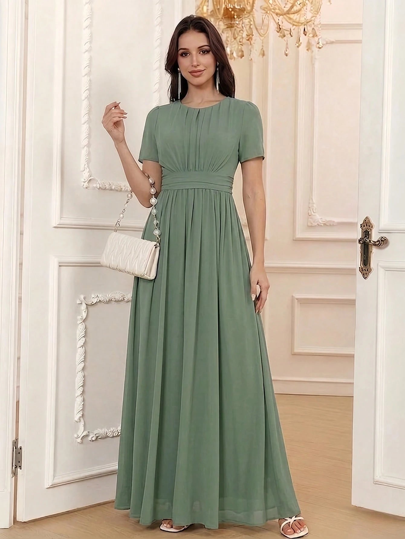 Volly Toych Elegant Chiffon Long Bridesmaid Dress, Short Regular Sleeves, Pleated Bust, Round Neck Design, - image 15