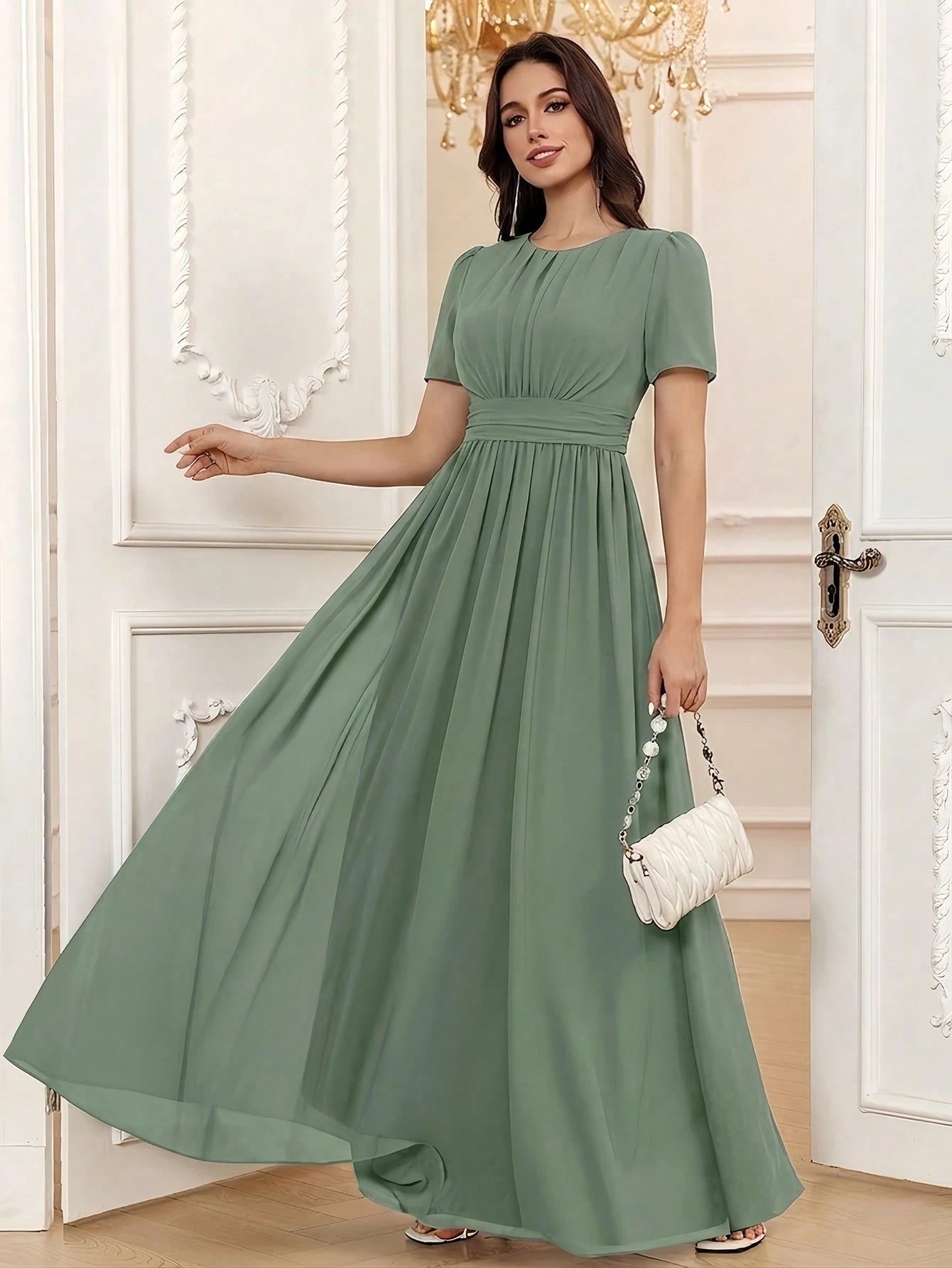 Volly Toych Elegant Chiffon Long Bridesmaid Dress, Short Regular Sleeves, Pleated Bust, Round Neck Design, - image 13