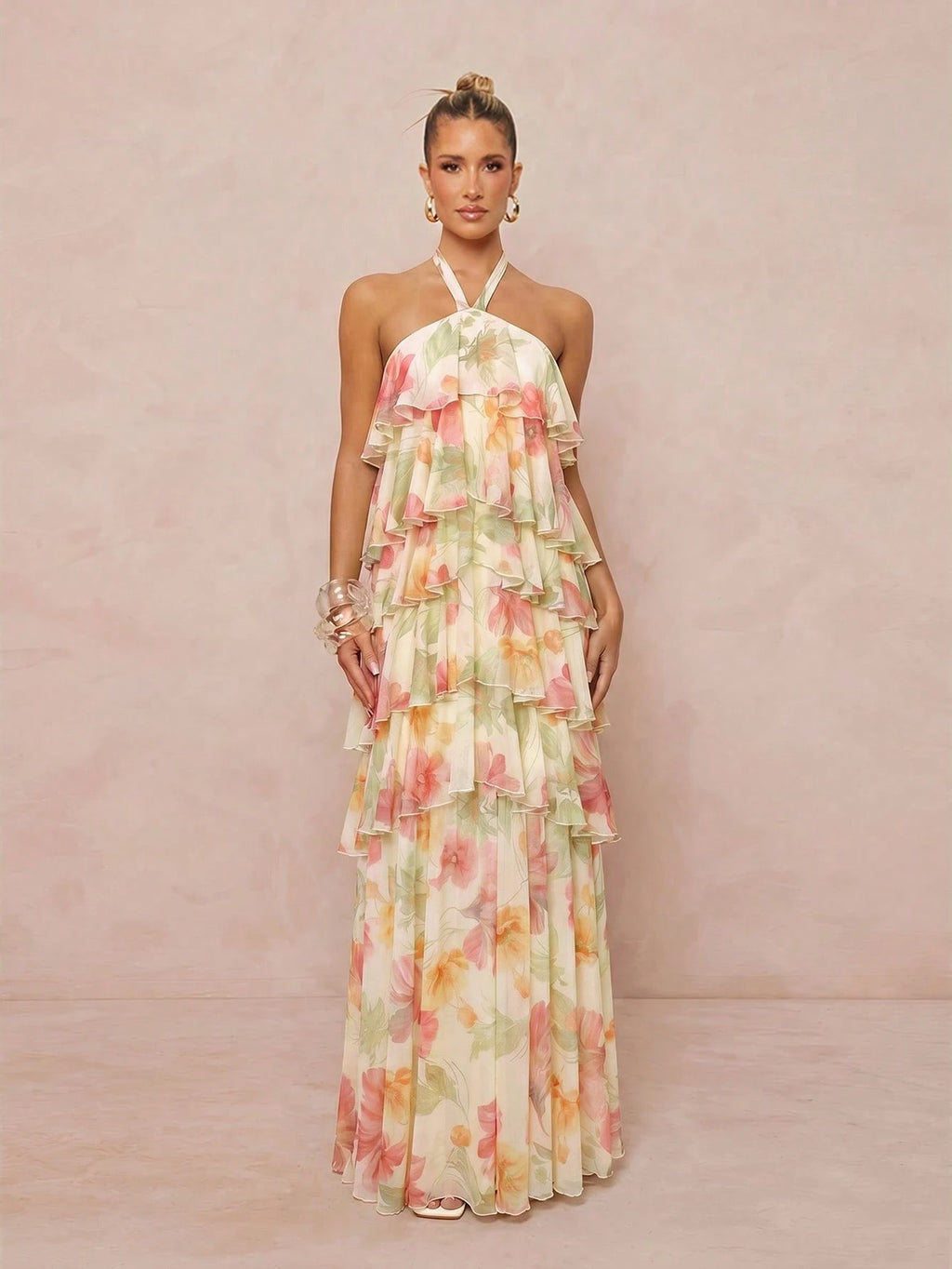 Lumalex Summer Floral Print Strapless Spaghetti Strap Multi-Layer