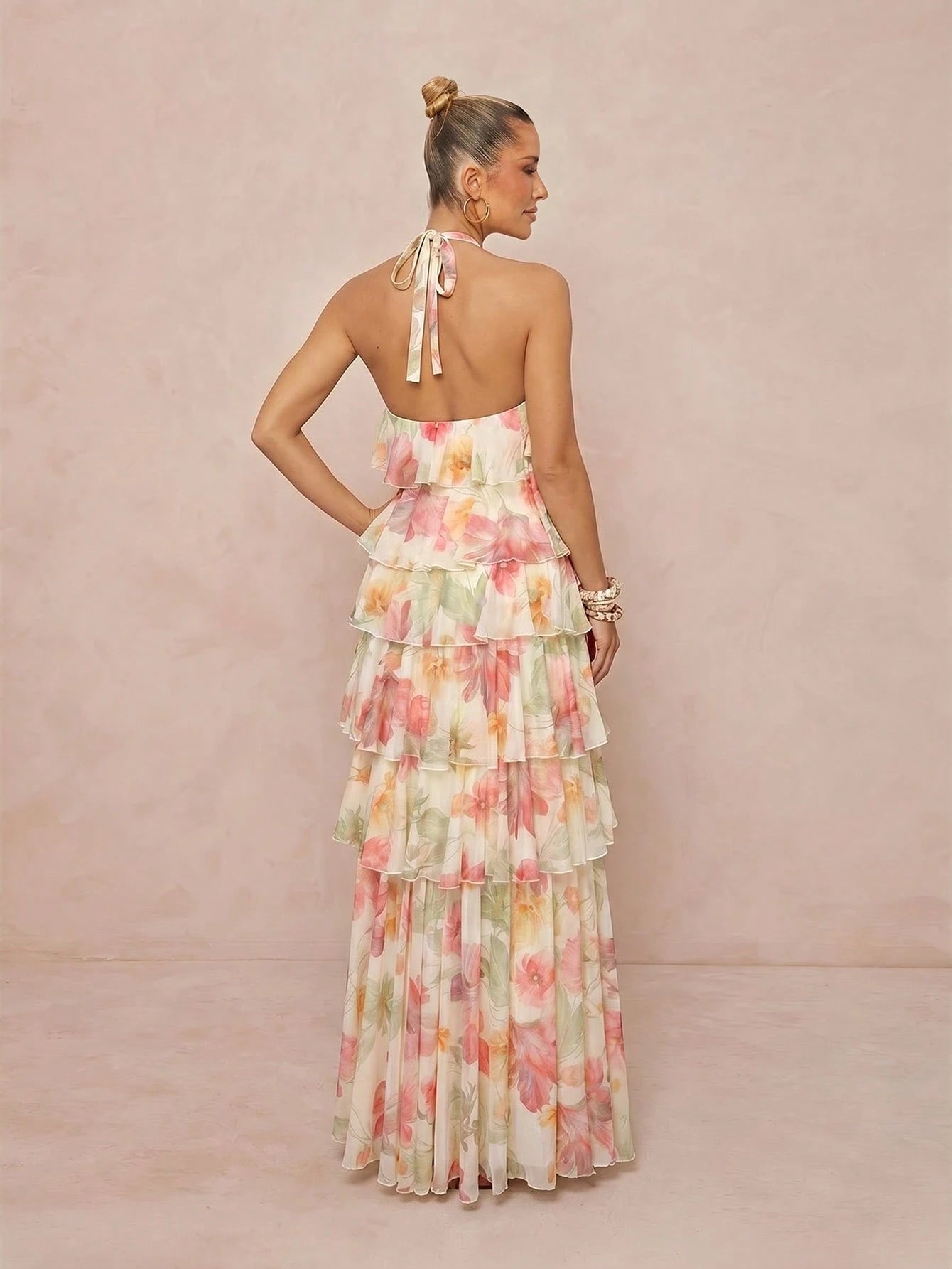 Lumalex Summer Floral Print Strapless Spaghetti Strap Multi-Layer Asymmetric Exaggerated Ruffle Hem - image 2