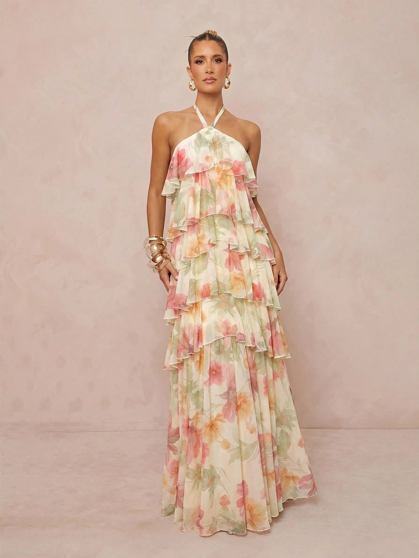 Lumalex Summer Floral Print Strapless Spaghetti Strap Multi-Layer Asymmetric Exaggerated Ruffle Hem - image 3