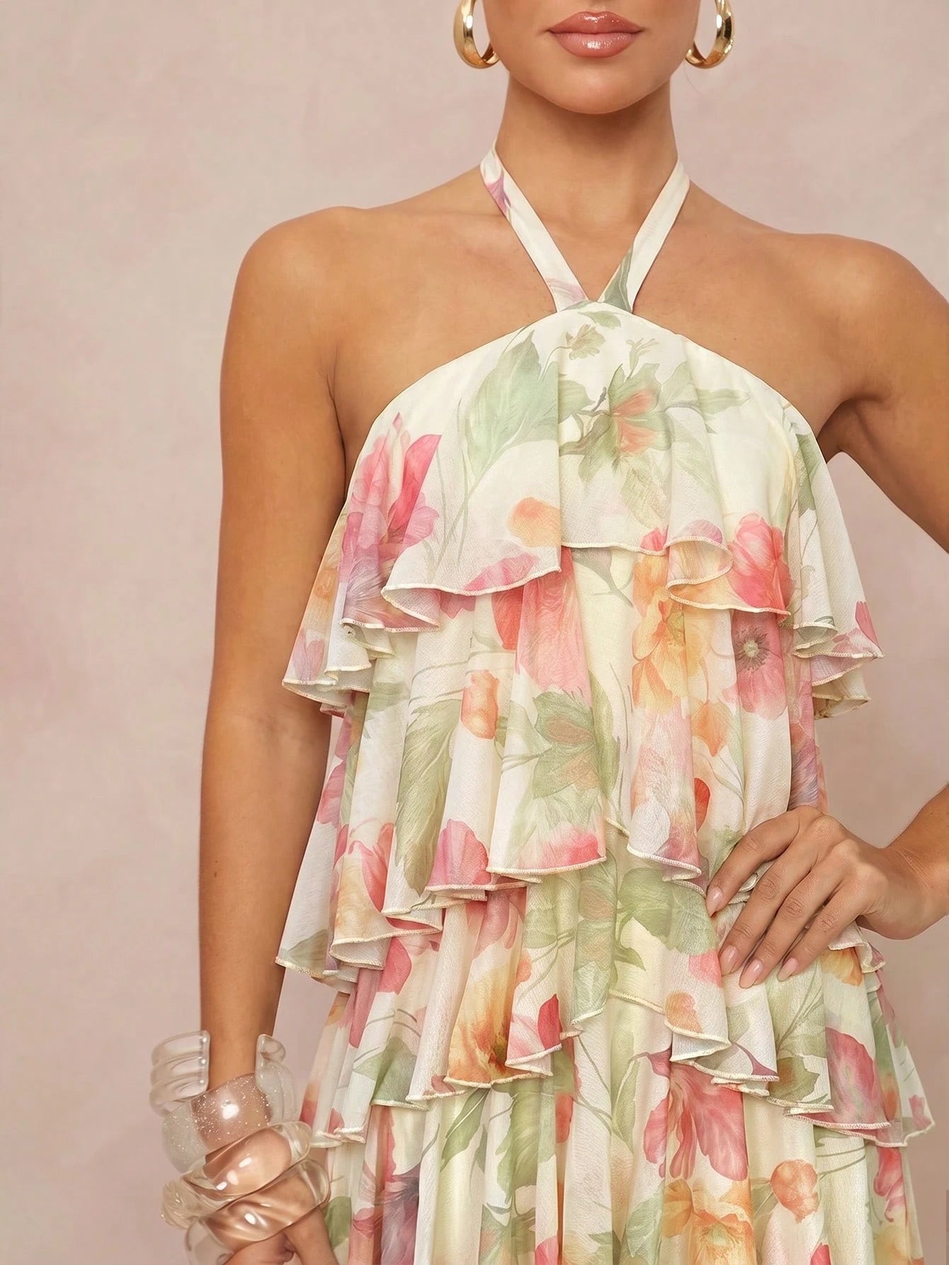 Lumalex Summer Floral Print Strapless Spaghetti Strap Multi-Layer