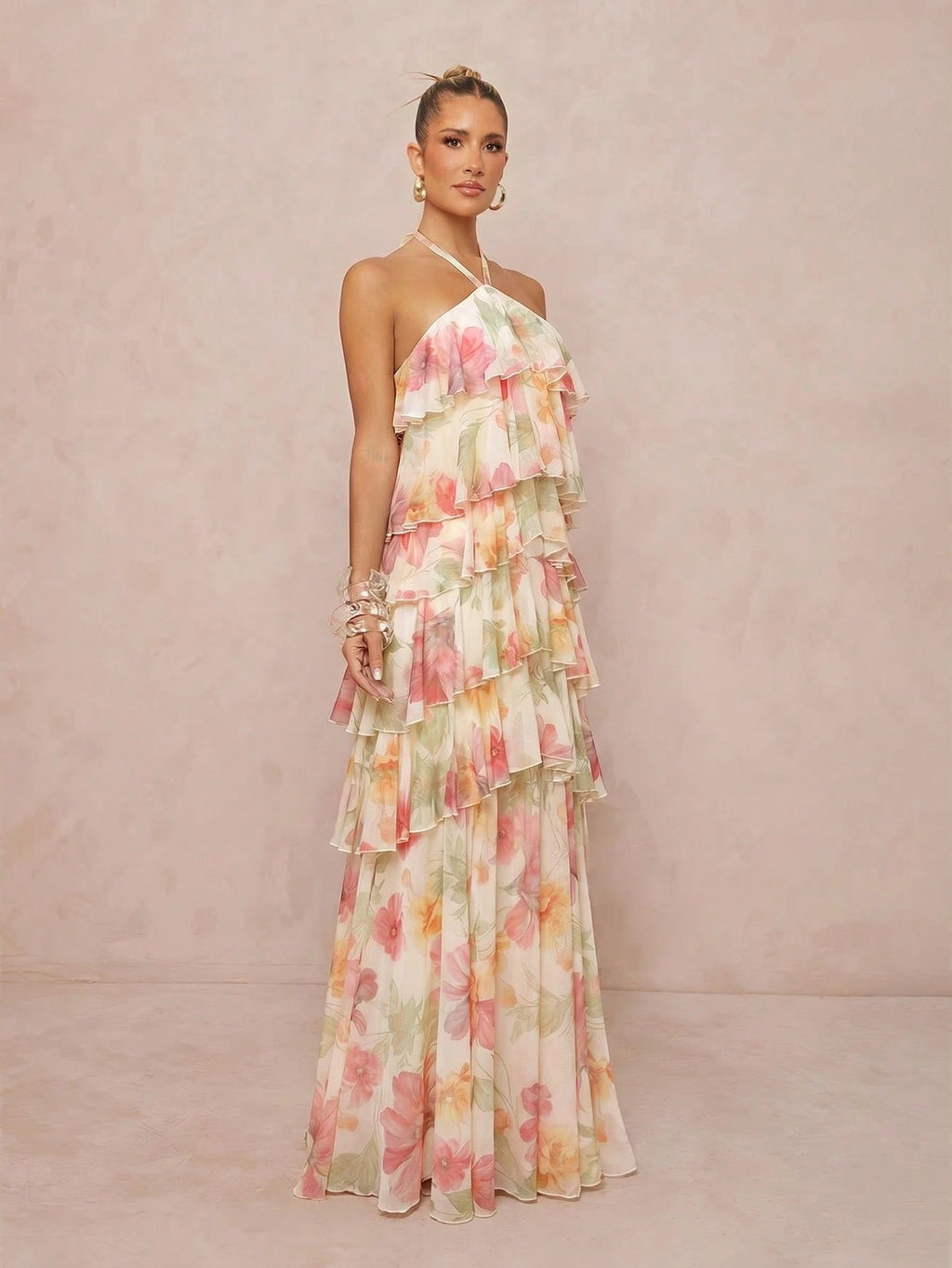 Lumalex Summer Floral Print Strapless Spaghetti Strap Multi-Layer