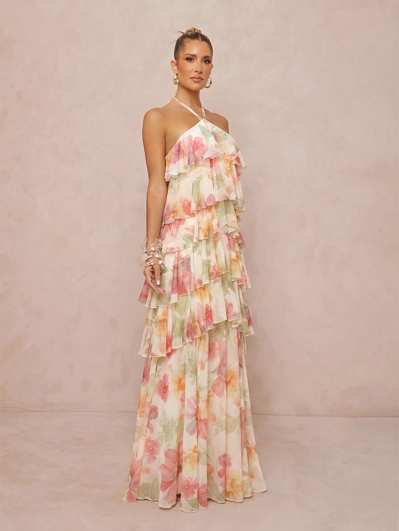 Lumalex Summer Floral Print Strapless Spaghetti Strap Multi-Layer