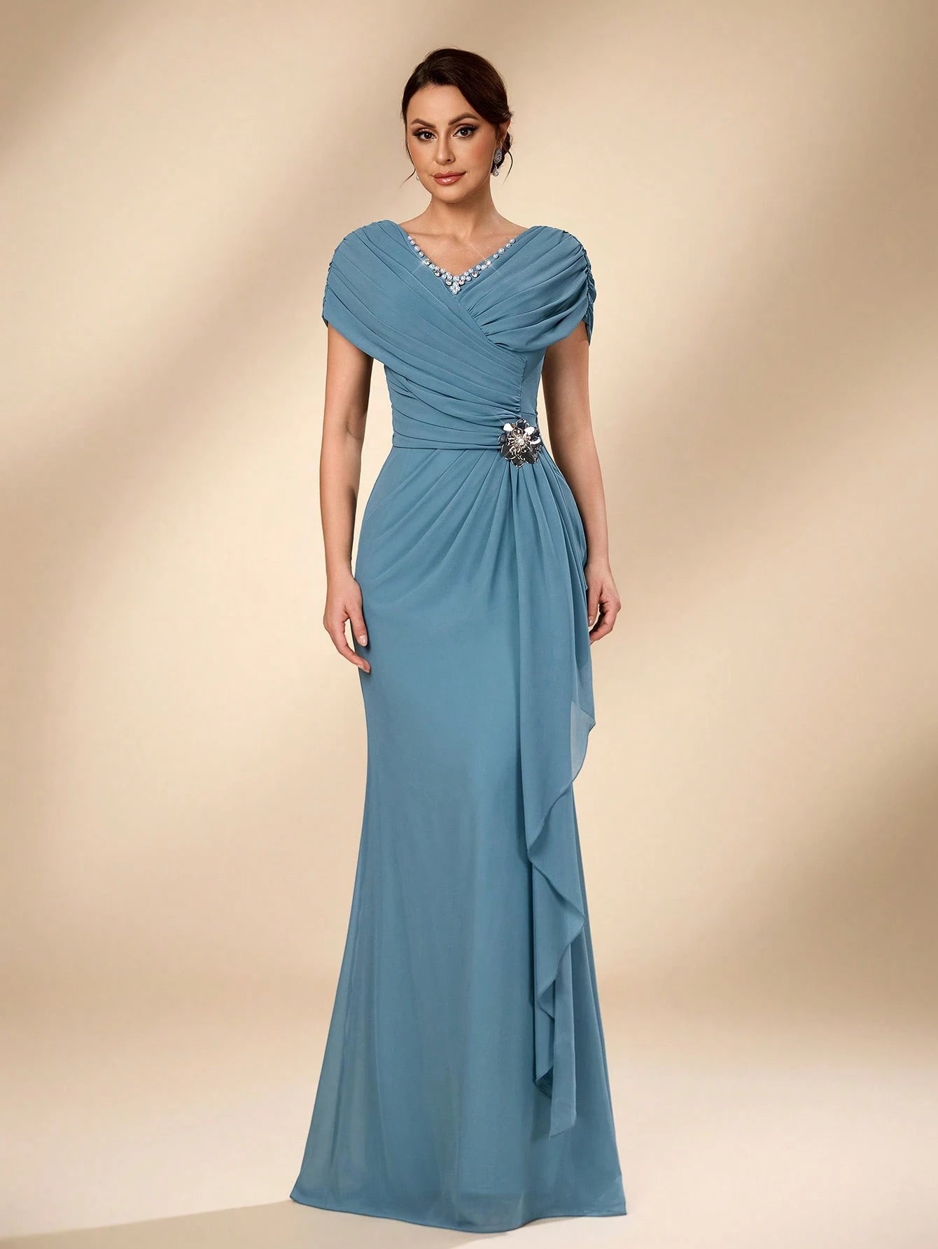 Serin Blue Summer Elegant Evening Wedding Dress,Luxurious Pearl Beaded V-Neck Ruched Chiffon Flounce Fishtail - image 3