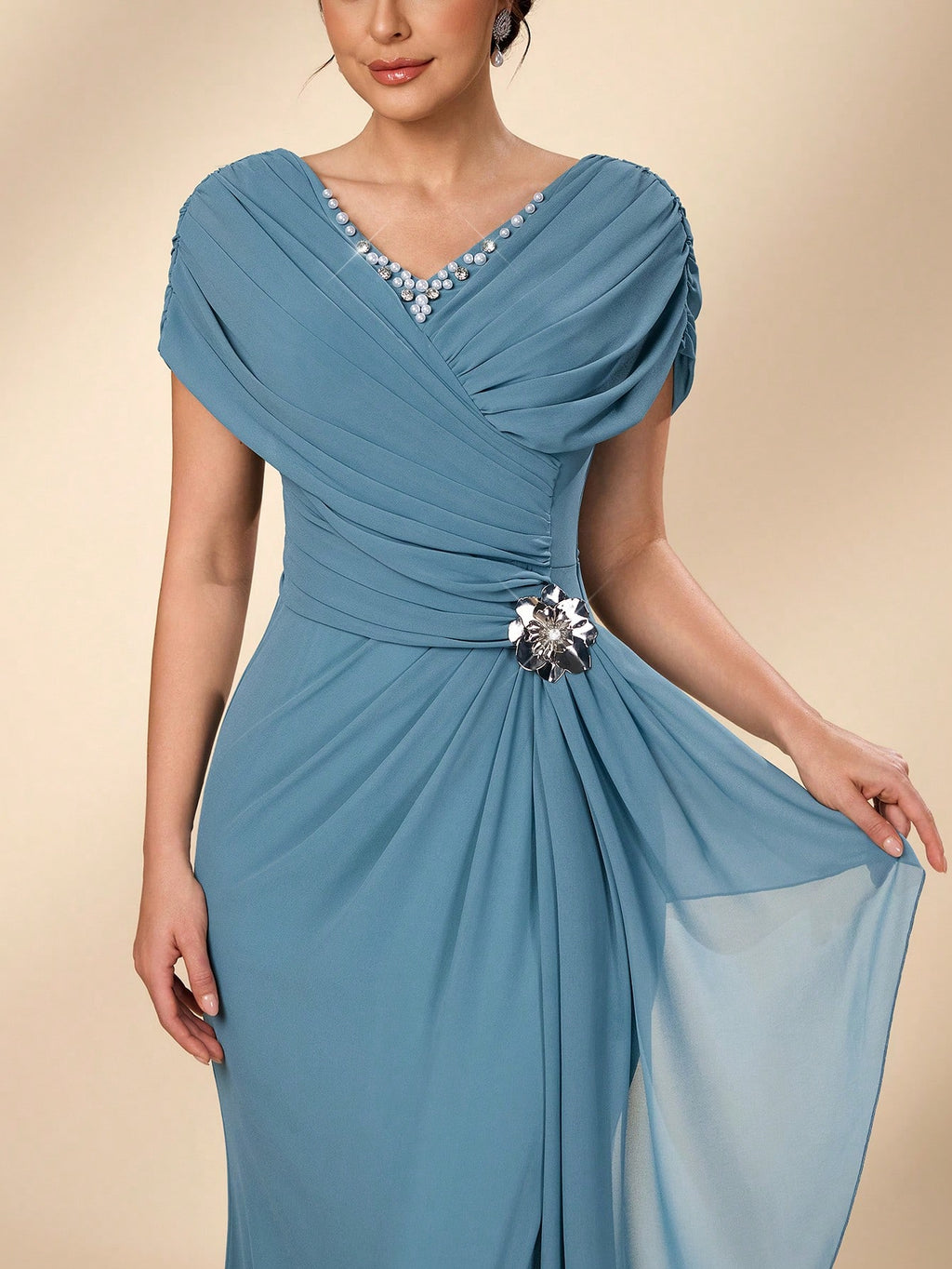 Serin Blue Summer Elegant Evening Wedding Dress,Luxurious Pearl Beaded V-Neck Ruched Chiffon Flounce Fishtail - image 4