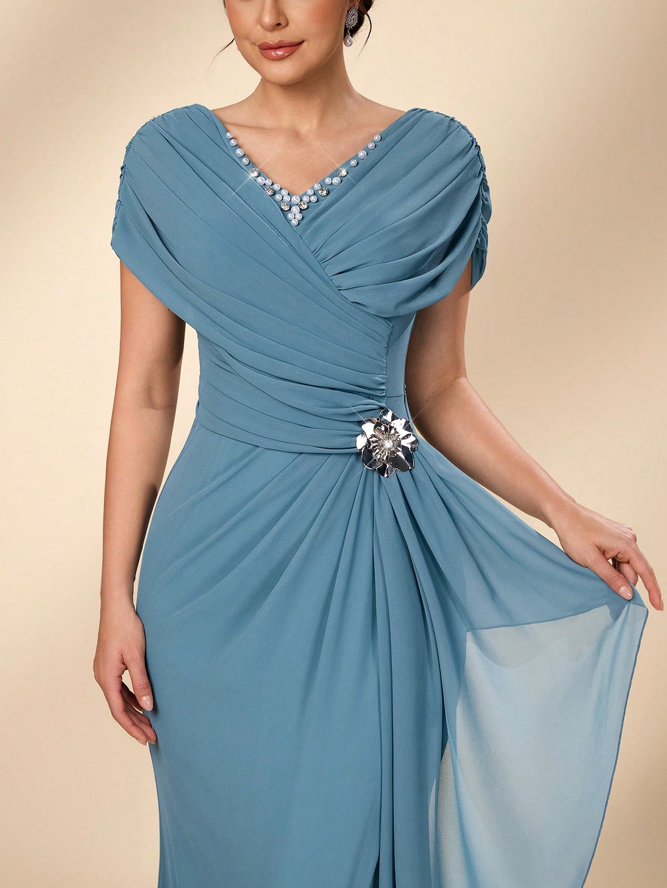 Serin Blue Summer Elegant Evening Wedding Dress,Luxurious Pearl Beaded V-Neck Ruched Chiffon Flounce Fishtail - image 4