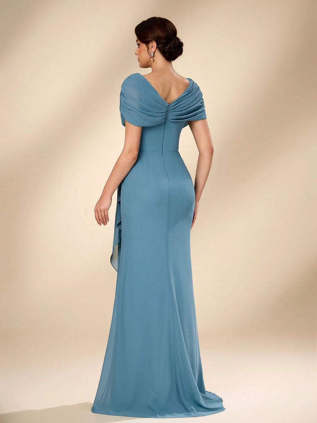 Serin Blue Summer Elegant Evening Wedding Dress,Luxurious Pearl Beaded V-Neck Ruched Chiffon Flounce Fishtail - image 5
