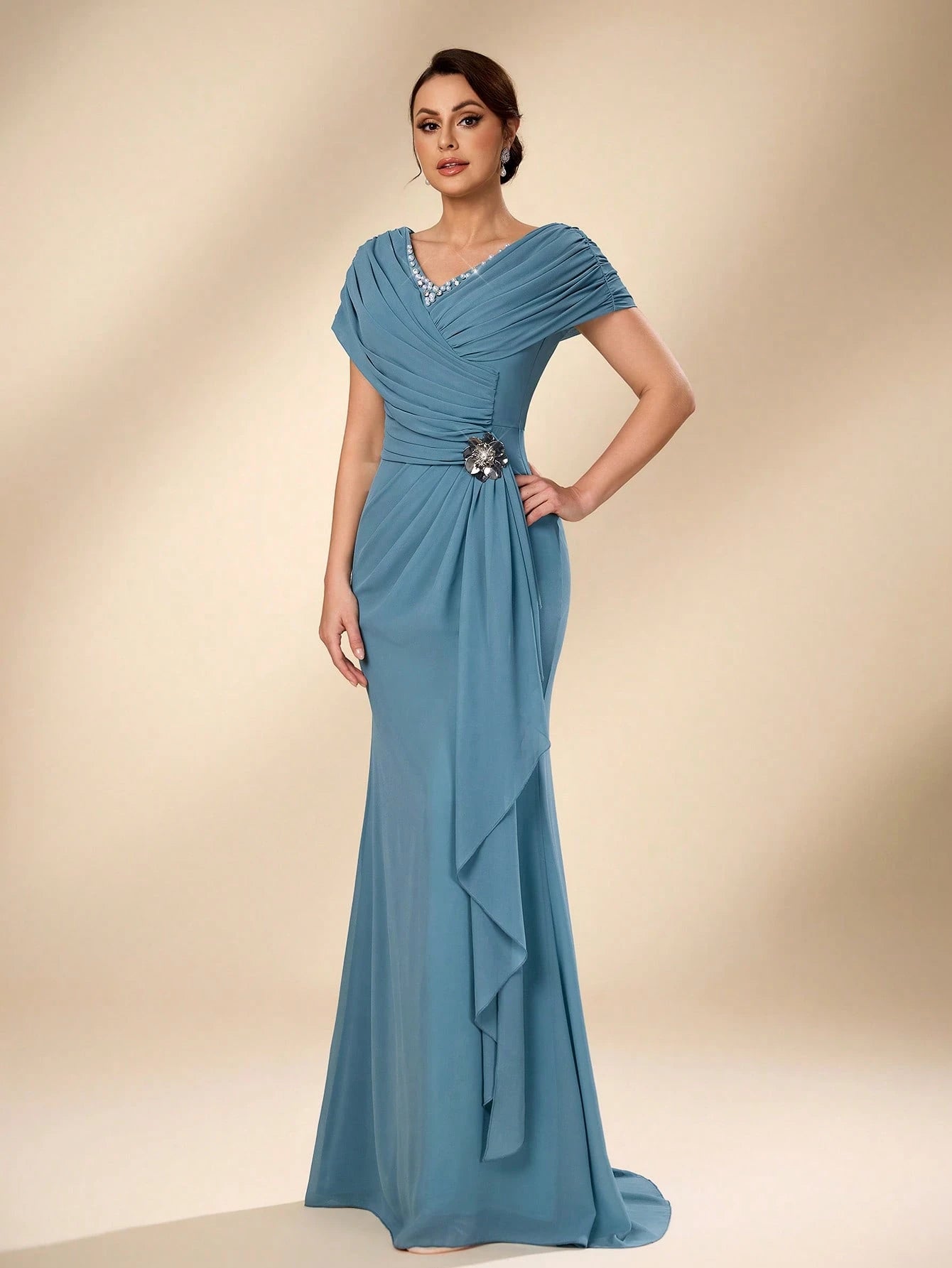 Serin Blue Summer Elegant Evening Wedding Dress,Luxurious Pearl Beaded V-Neck Ruched Chiffon Flounce Fishtail - image 6