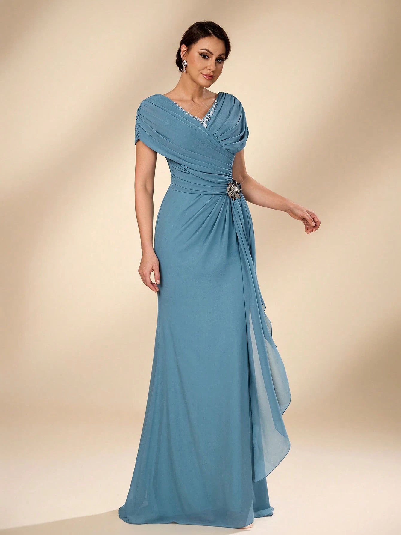 Serin Blue Summer Elegant Evening Wedding Dress,Luxurious Pearl Beaded V-Neck Ruched Chiffon Flounce Fishtail