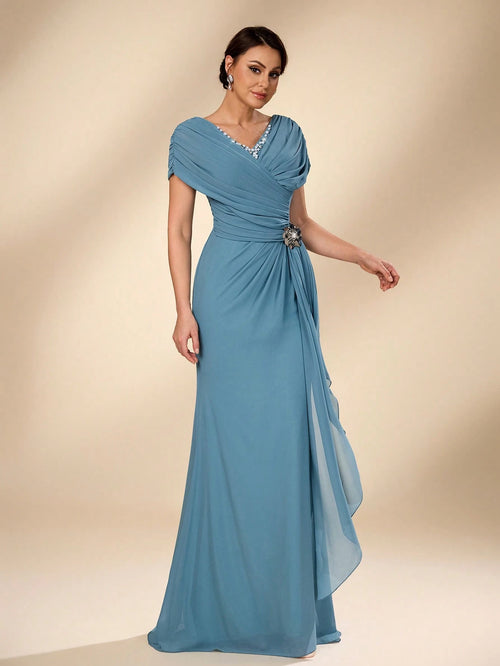 Serin Blue Summer Elegant Evening Wedding Dress,Luxurious Pearl Beaded V-Neck Ruched Chiffon Flounce Fishtail
