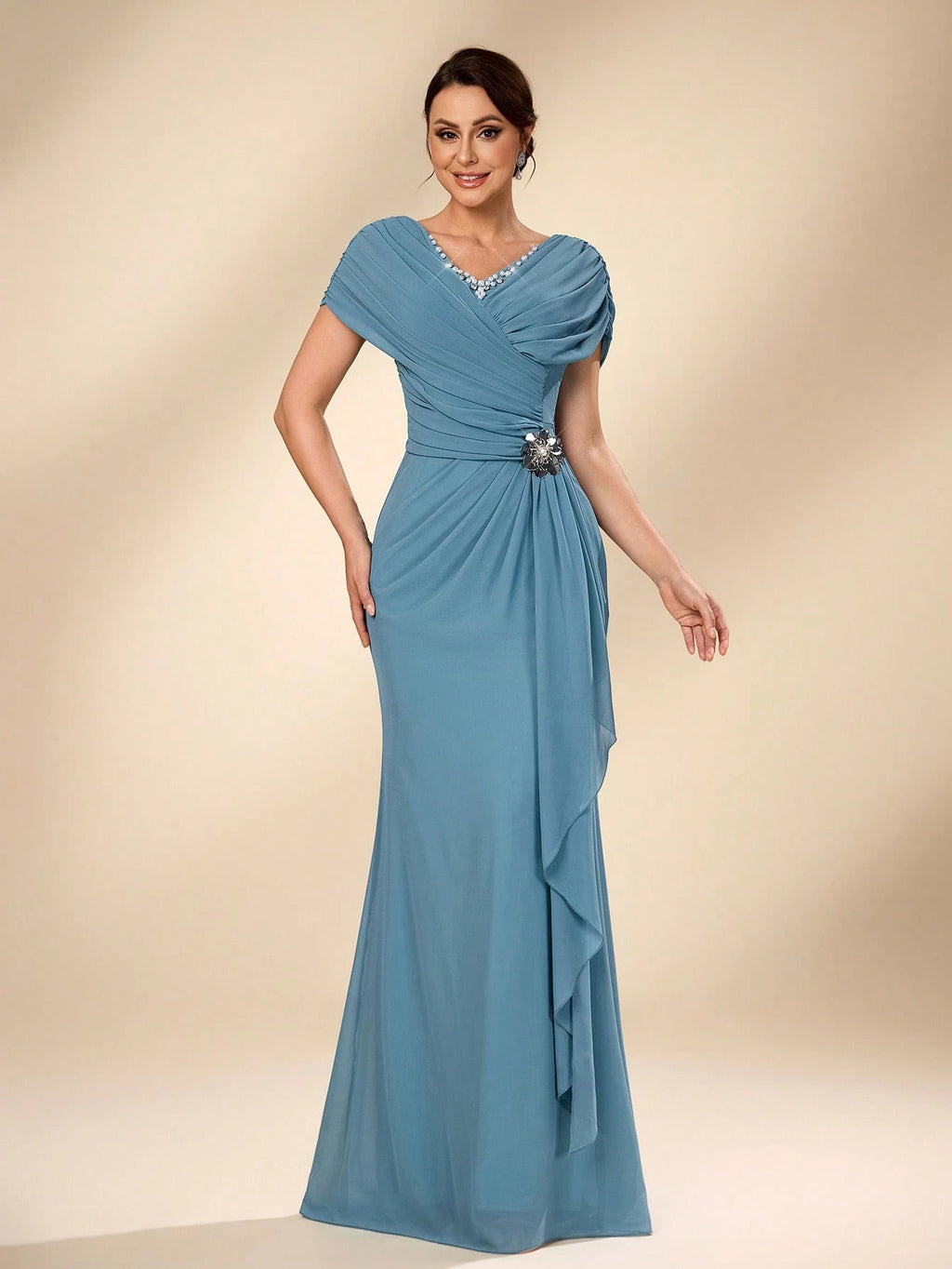 Serin Blue Summer Elegant Evening Wedding Dress,Luxurious Pearl Beaded V-Neck Ruched Chiffon Flounce Fishtail - image 7