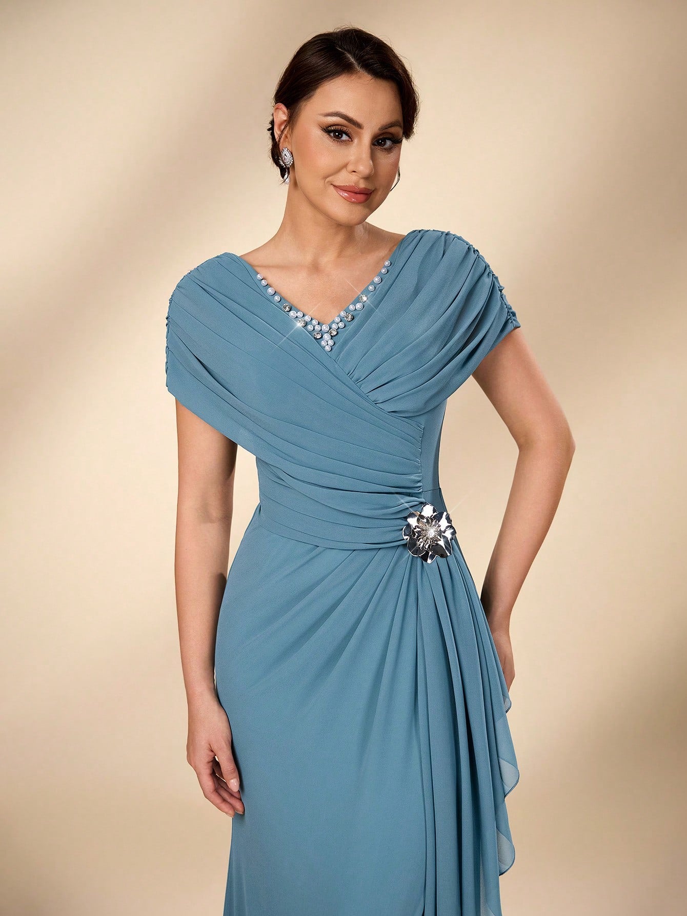 Serin Blue Summer Elegant Evening Wedding Dress,Luxurious Pearl Beaded V-Neck Ruched Chiffon Flounce Fishtail - image 2