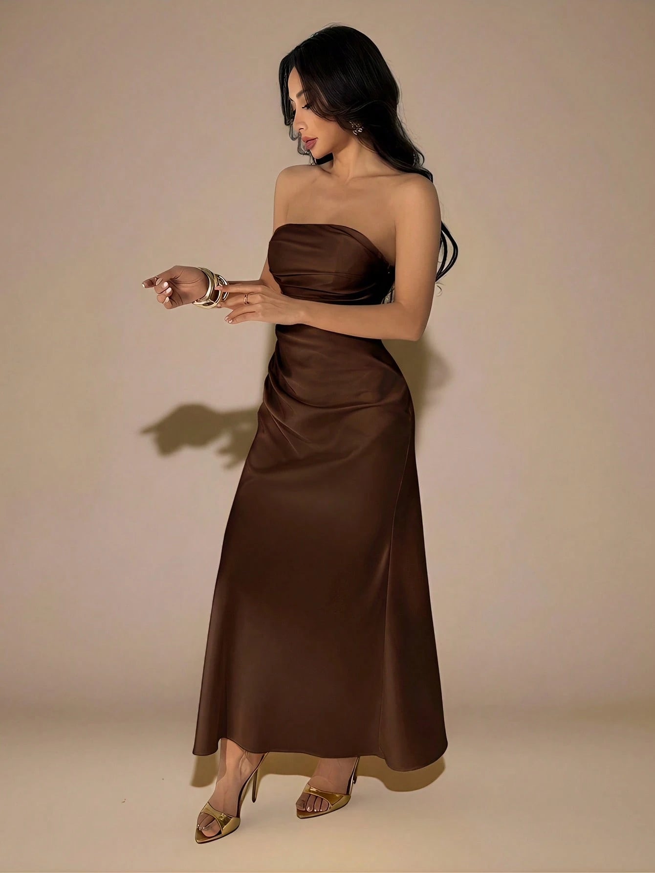 PETITE Strapless Ruched Fitted Backless Satin Long Dress,Dark Brown,Summer,Elegant,Dining,Formal Party - image 20