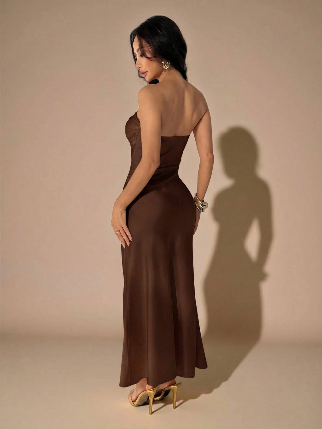 PETITE Strapless Ruched Fitted Backless Satin Long Dress,Dark Brown,Summer,Elegant,Dining,Formal Party - image 19