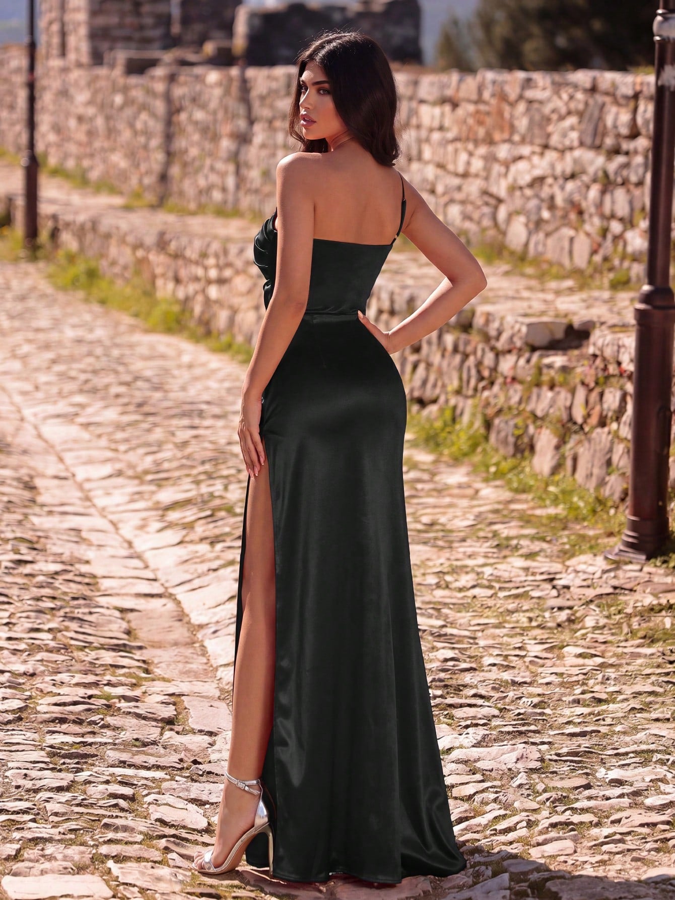 Faeriesty Women's Elegant One-Shoulder Pleated High Slit Satin Evening Gown - Refined Formal Dress Suitable - image 5