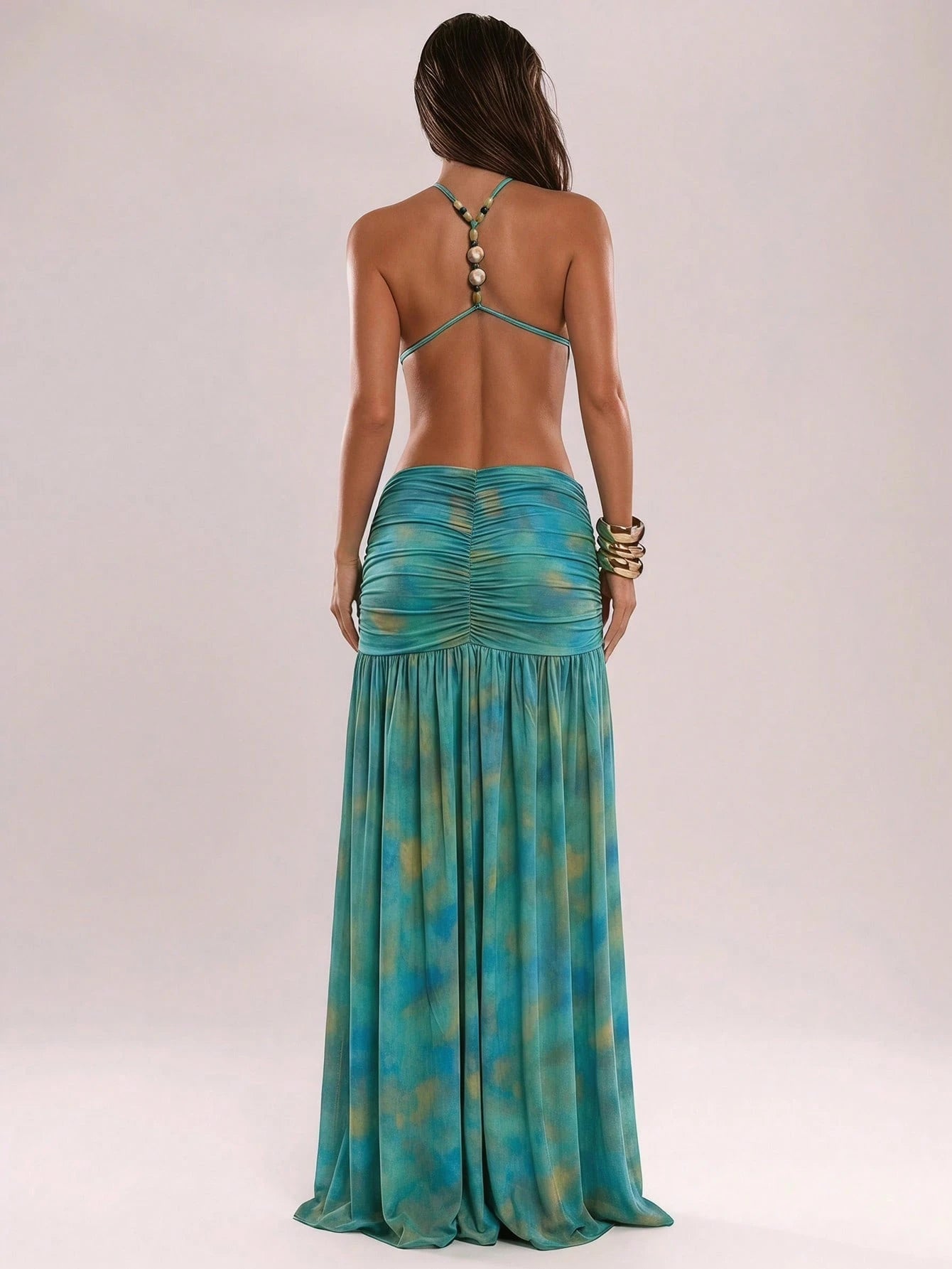 BAE Women's Backless Beaded Tie Dye Floral Teal Dress,Summer Boho
