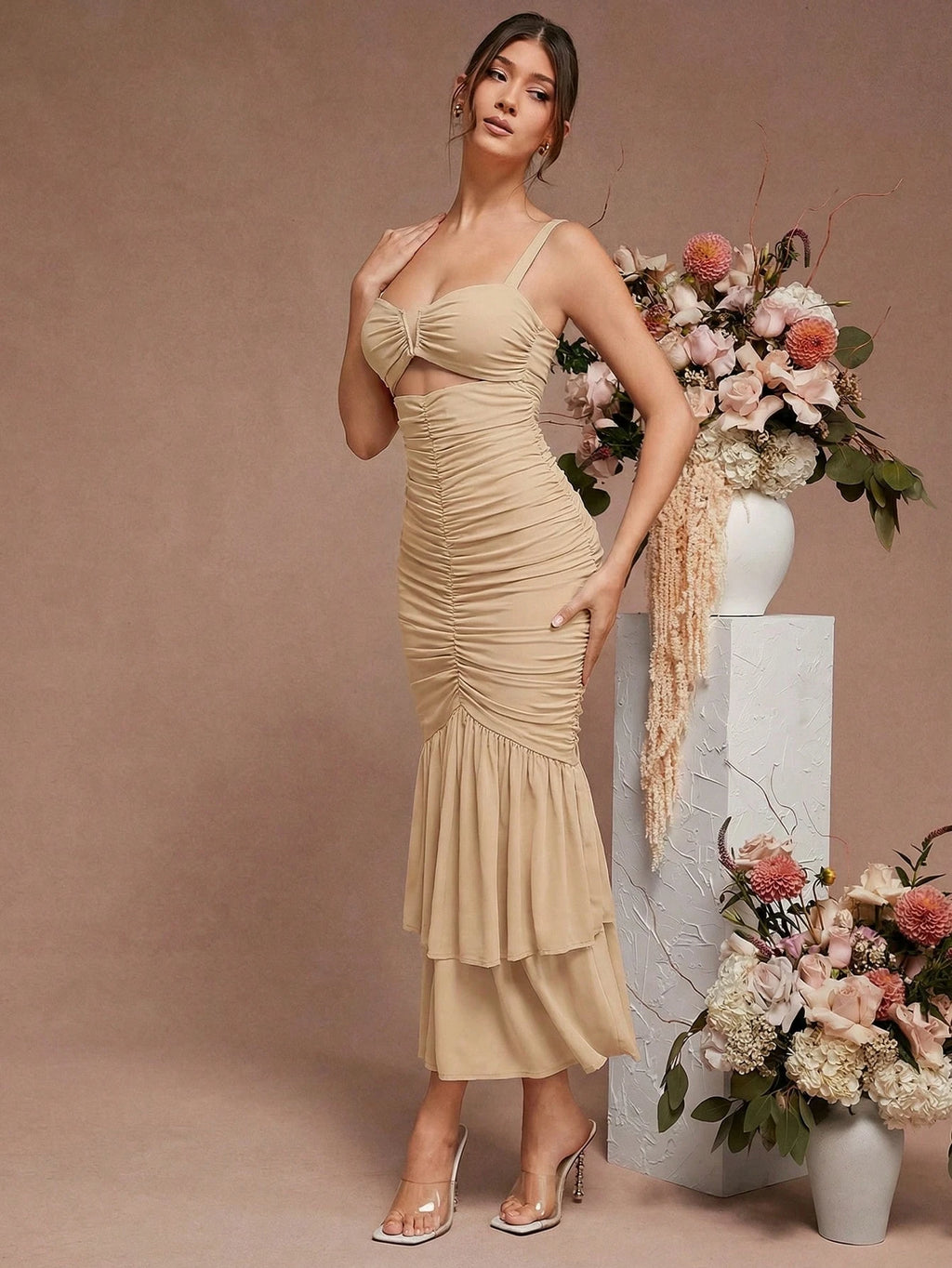 L'Amorae Floral Ruched Purple Mermaid Hem With Cutout Details Dress,