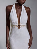 Elitara White Spring Elegant Party Wedding Holiday French Style Off-Shoulder V-Neck Mermaid Dress Metal