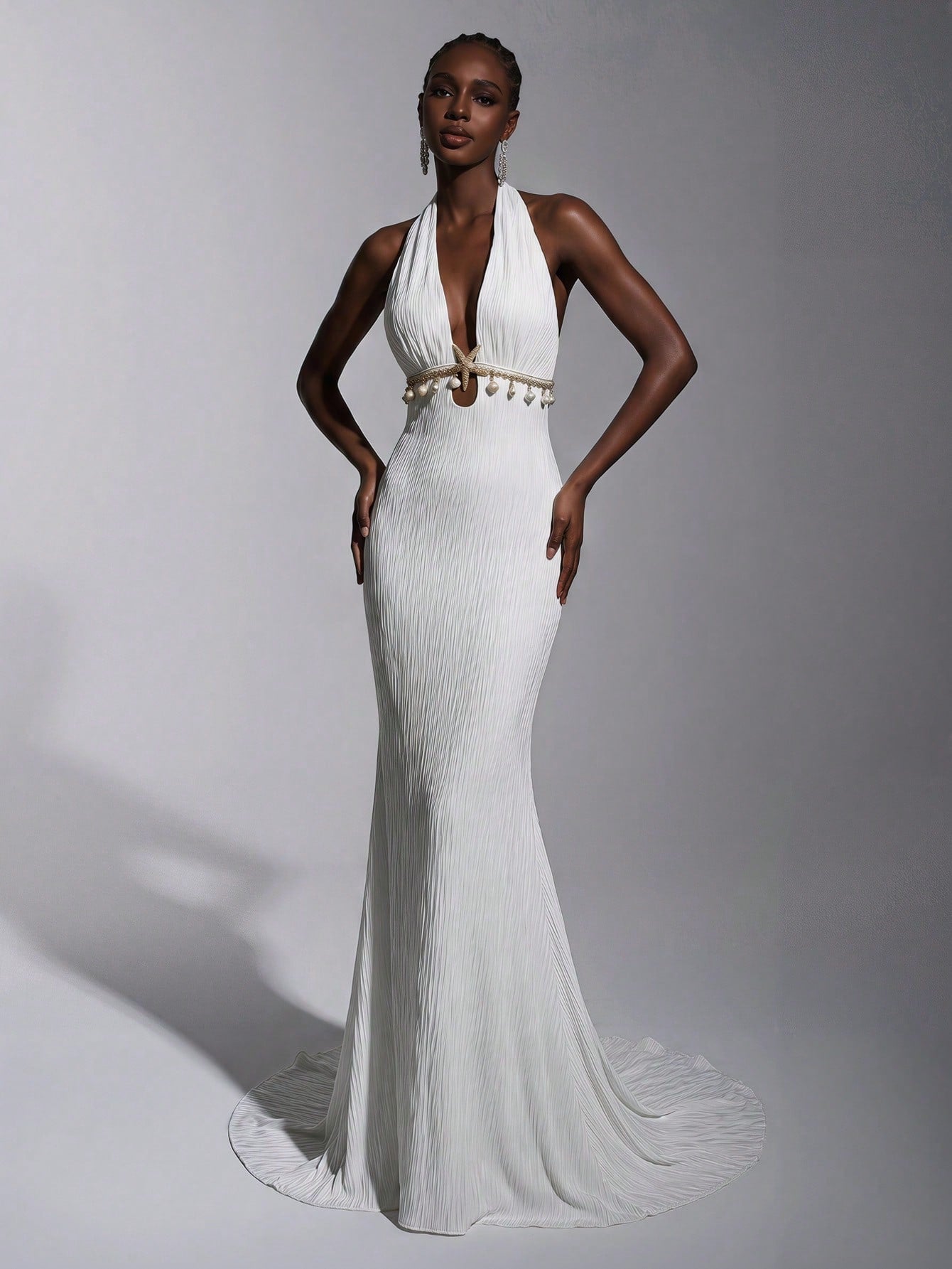 Elitara White Spring Elegant Party Wedding Holiday French Style Off-Shoulder V-Neck Mermaid Dress Metal - image 4