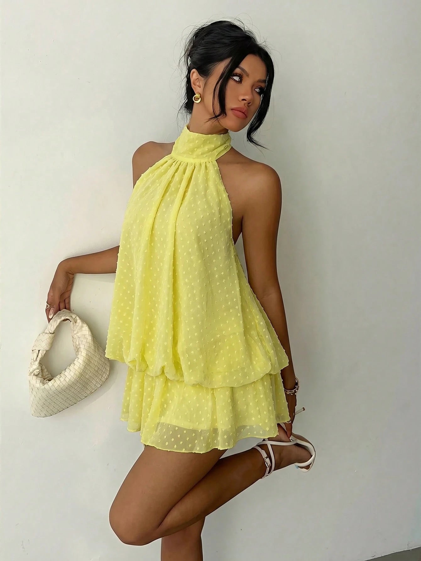 Aloruh Women's Elegant Pale Yellow Halter Tie Mini Dress, Suitable
