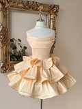 Lovelzi Champagne Summer Elegant Formal Party Satin Off Shoulder Ruffle Hem Dress, Fashionable Wedding