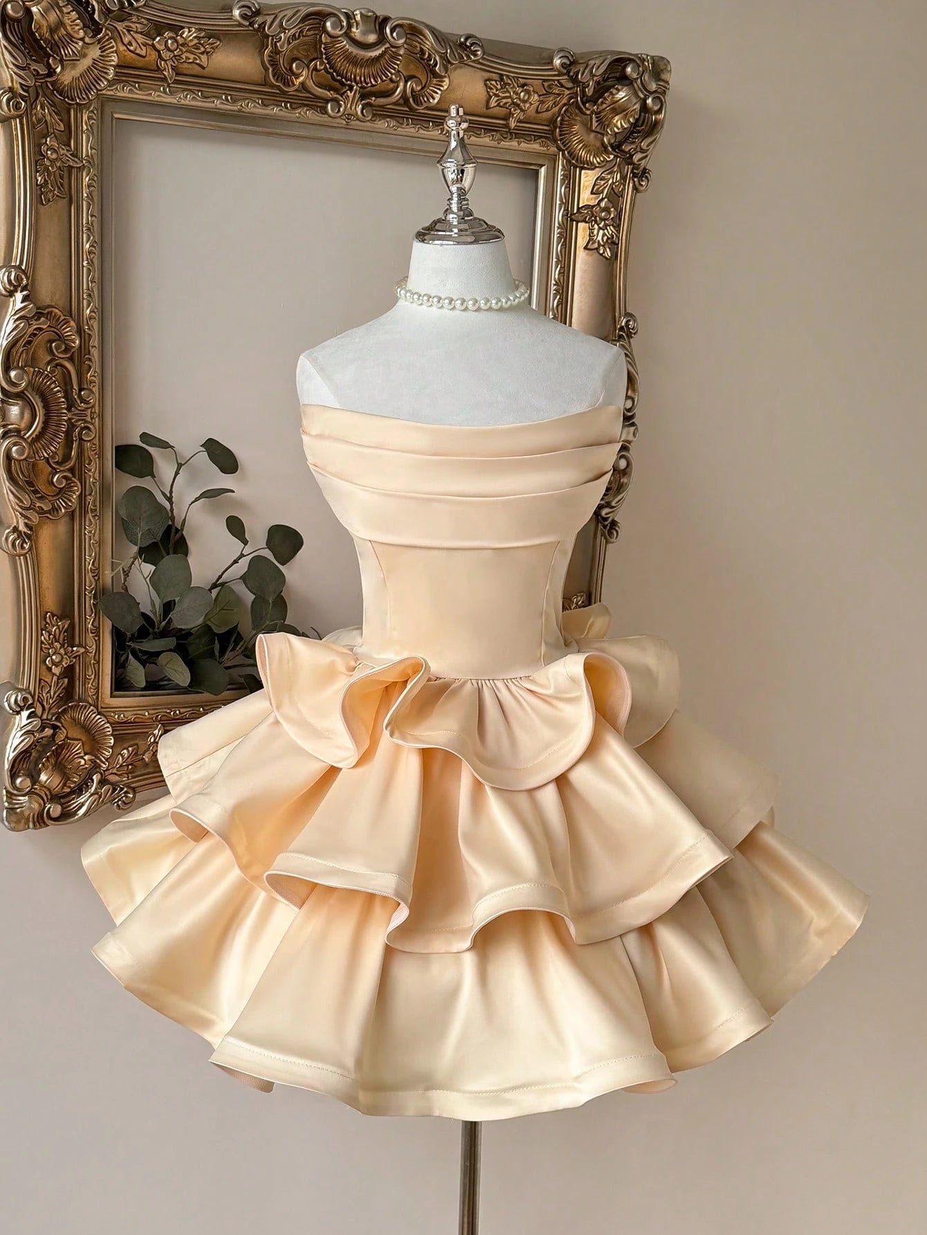 Lovelzi Champagne Summer Elegant Formal Party Satin Off Shoulder Ruffle Hem Dress, Fashionable Wedding