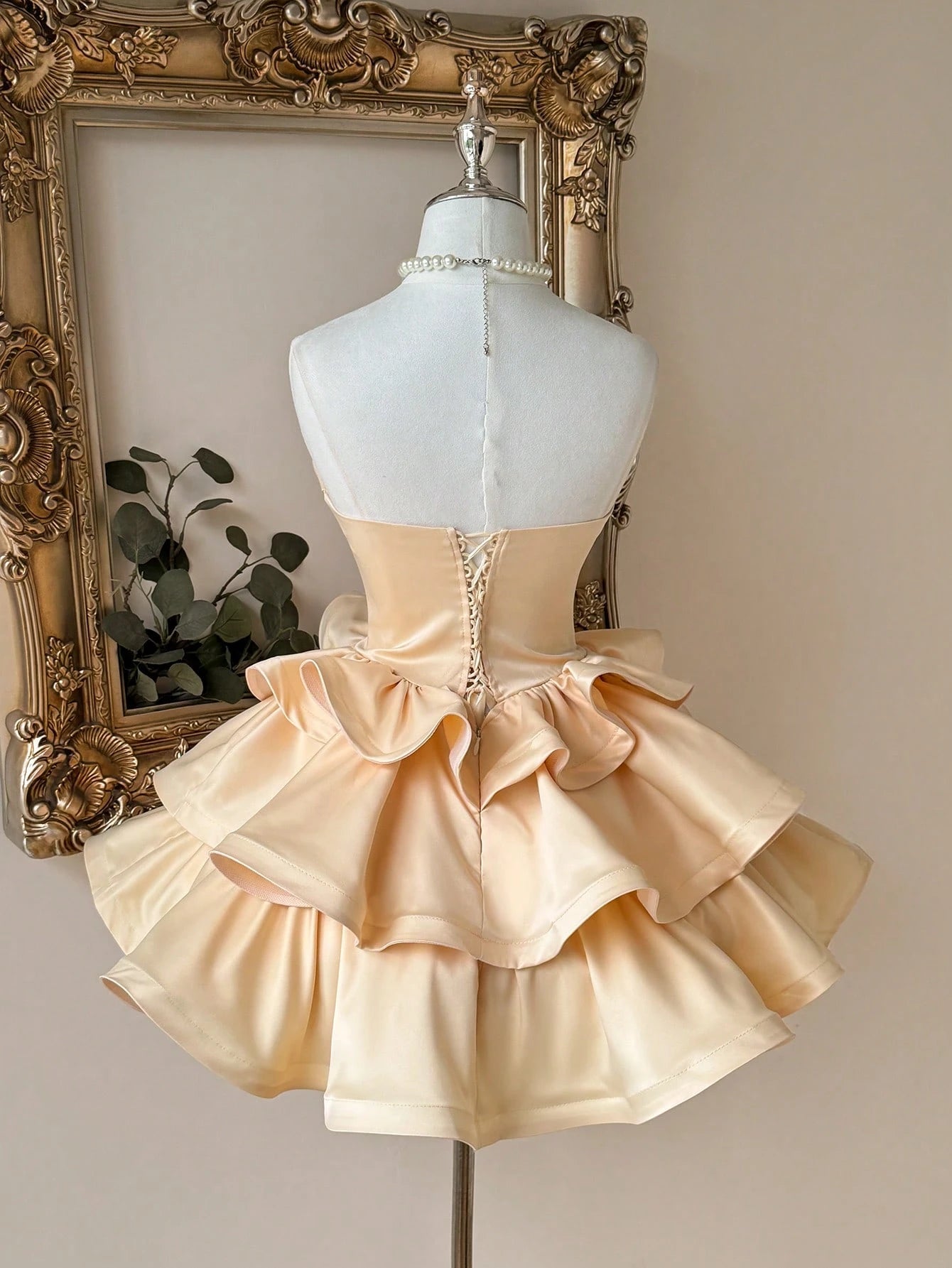 Lovelzi Champagne Summer Elegant Formal Party Satin Off Shoulder Ruffle Hem Dress, Fashionable Wedding - image 2