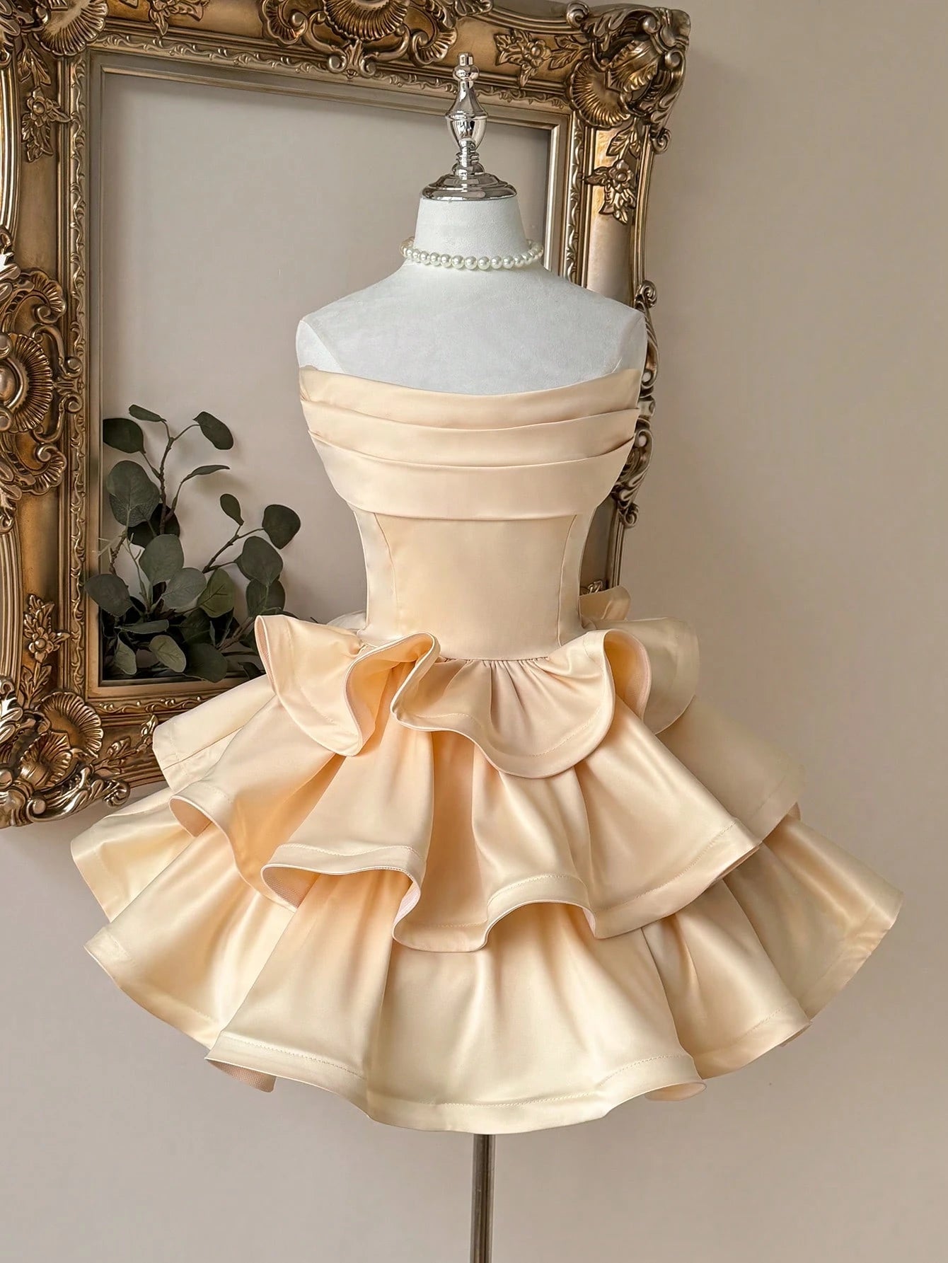 Lovelzi Champagne Summer Elegant Formal Party Satin Off Shoulder Ruffle Hem Dress, Fashionable Wedding - image 3